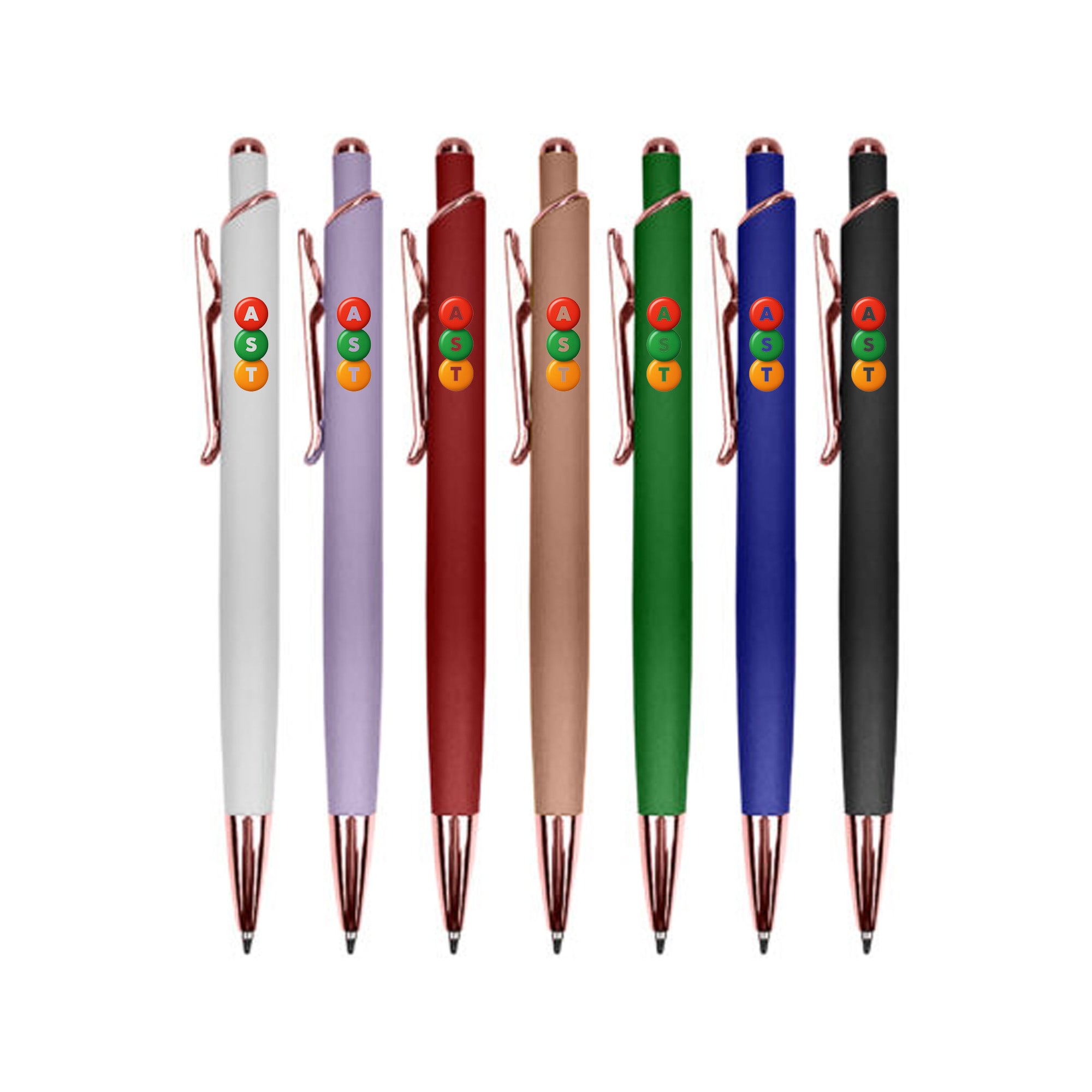 A collection of metal pens in various colours: white, lavender, burgundy, copper, green, blue, and black, featuring a logo.
