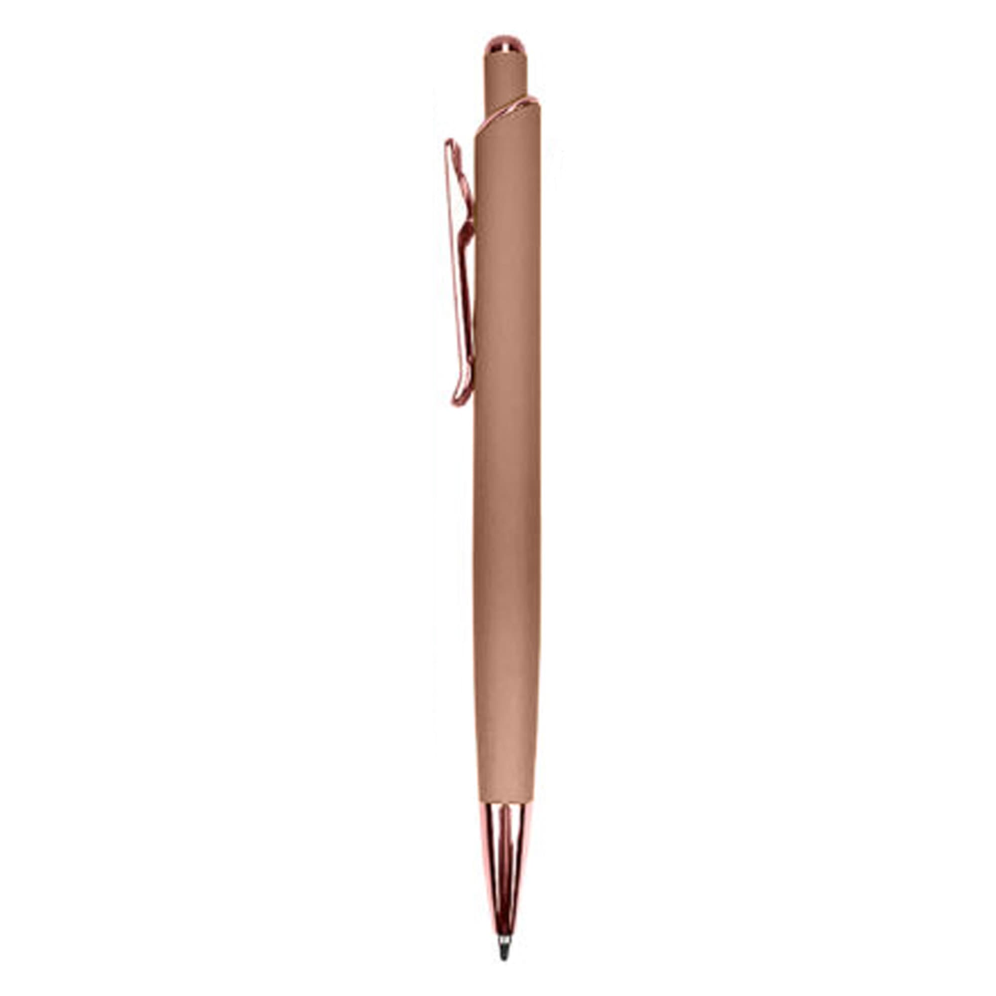 A metallic pen in a rose gold finish with a clip, featuring a sleek and modern design.