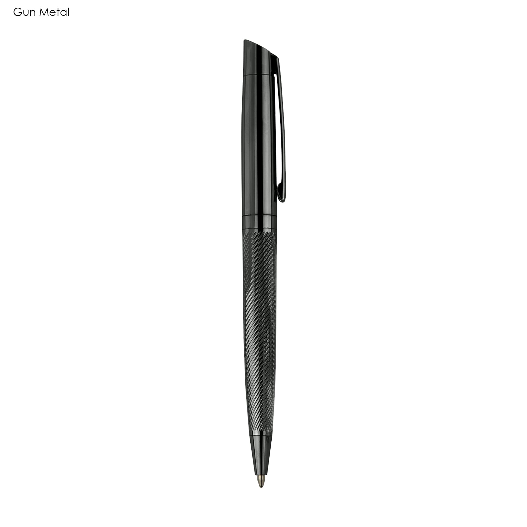 A sleek gun metal pen with a textured grip and a simple design, featuring a clip and branding.