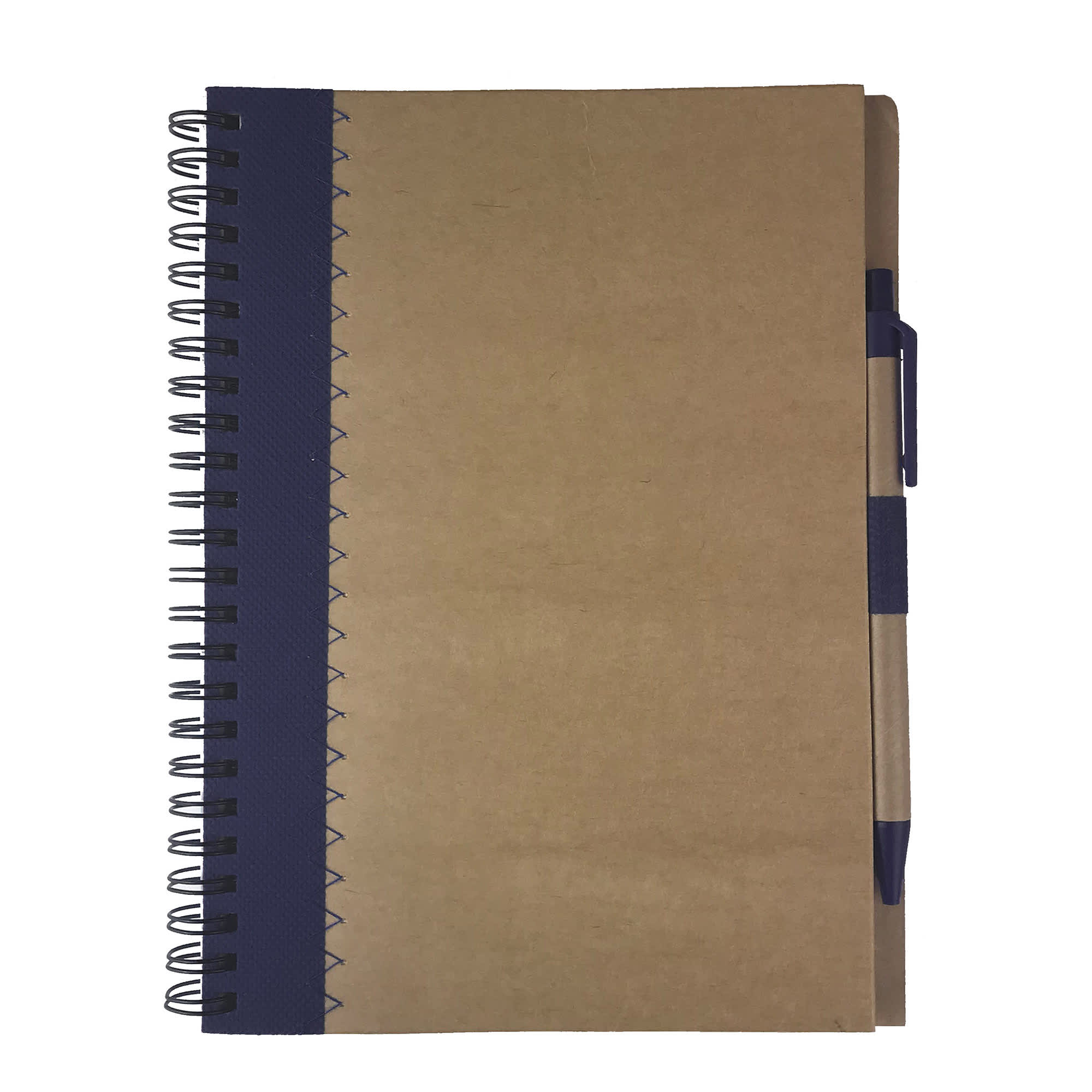 A brown recycled paper notebook with a navy blue spine and a pen attached. It has a logo on the cover.