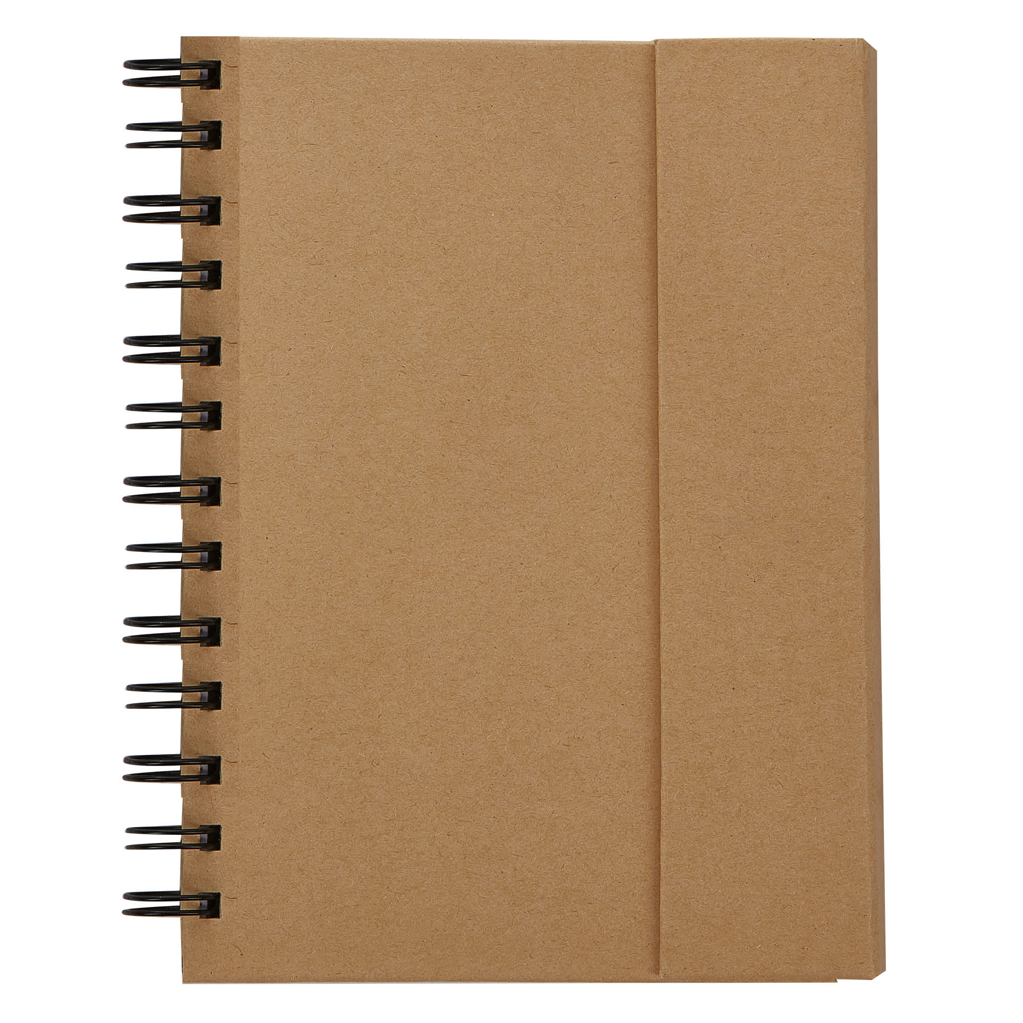 A brown spiral-bound notebook with a textured cover and a band to secure it.