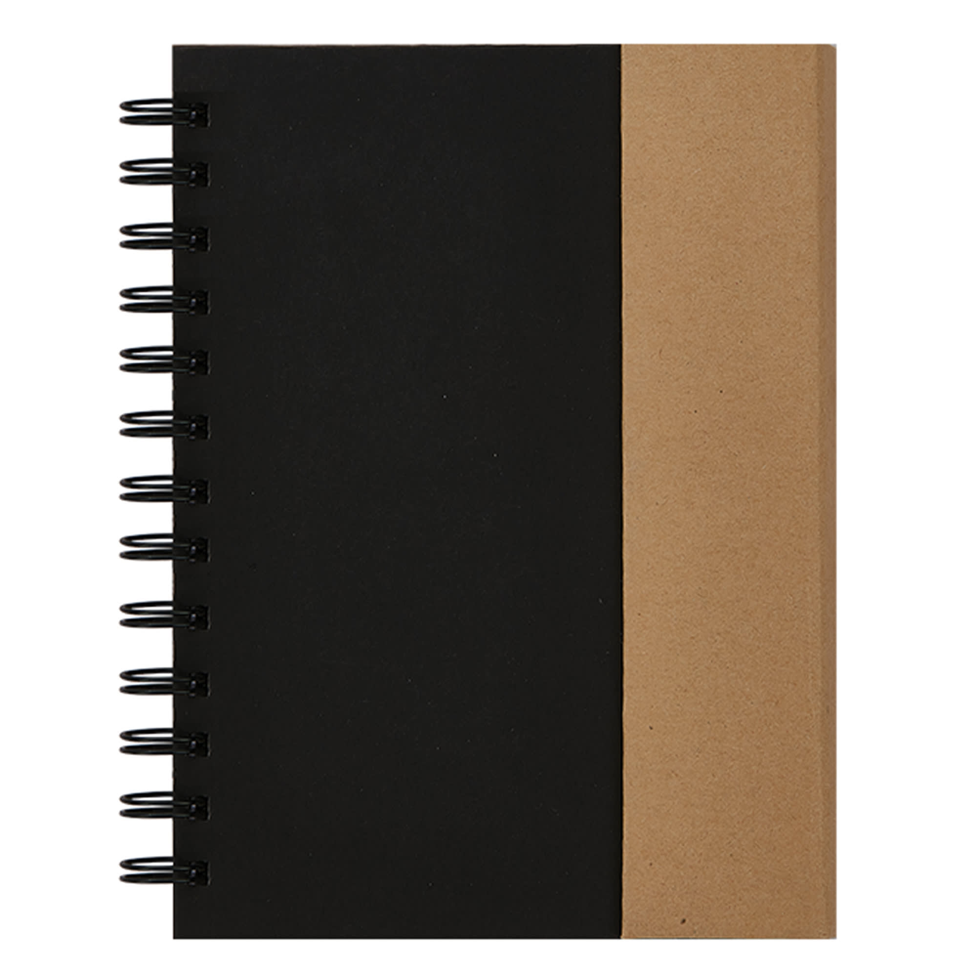 A notebook featuring a black cover with a brown kraft side, secured by a black spiral binding. It has a logo on the front.