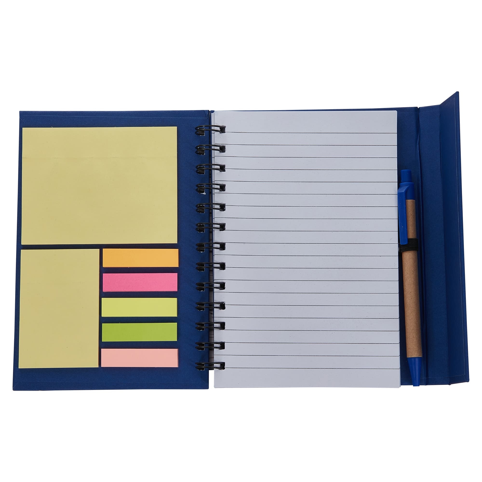 A blue Keebo notebook with lined pages, assorted sticky notes in yellow and pink, and a pen.