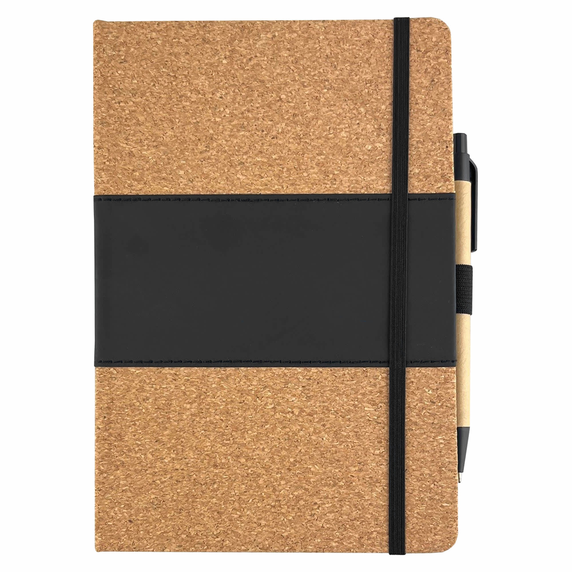 A cork notebook with a black band and a pen attached, featuring a sleek, minimal design.