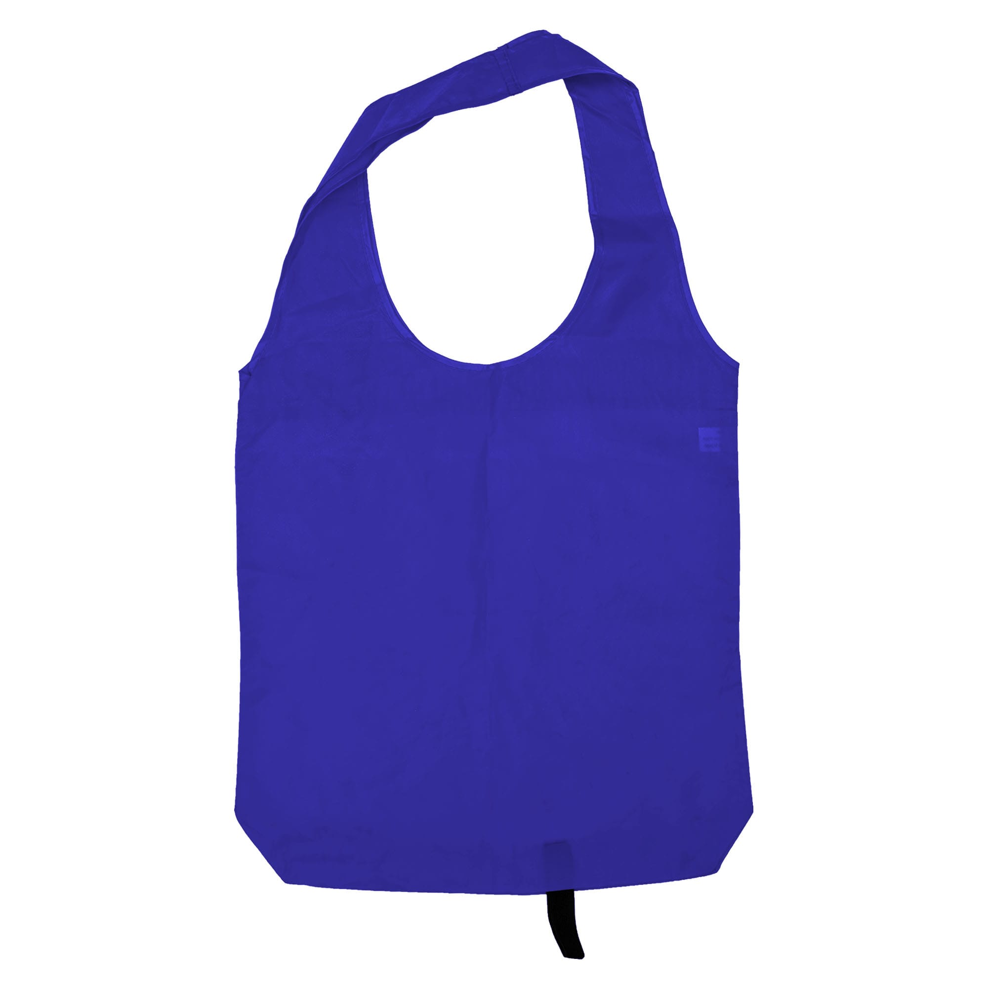A purple tote bag with long handles and a single pocket. It features a logo.