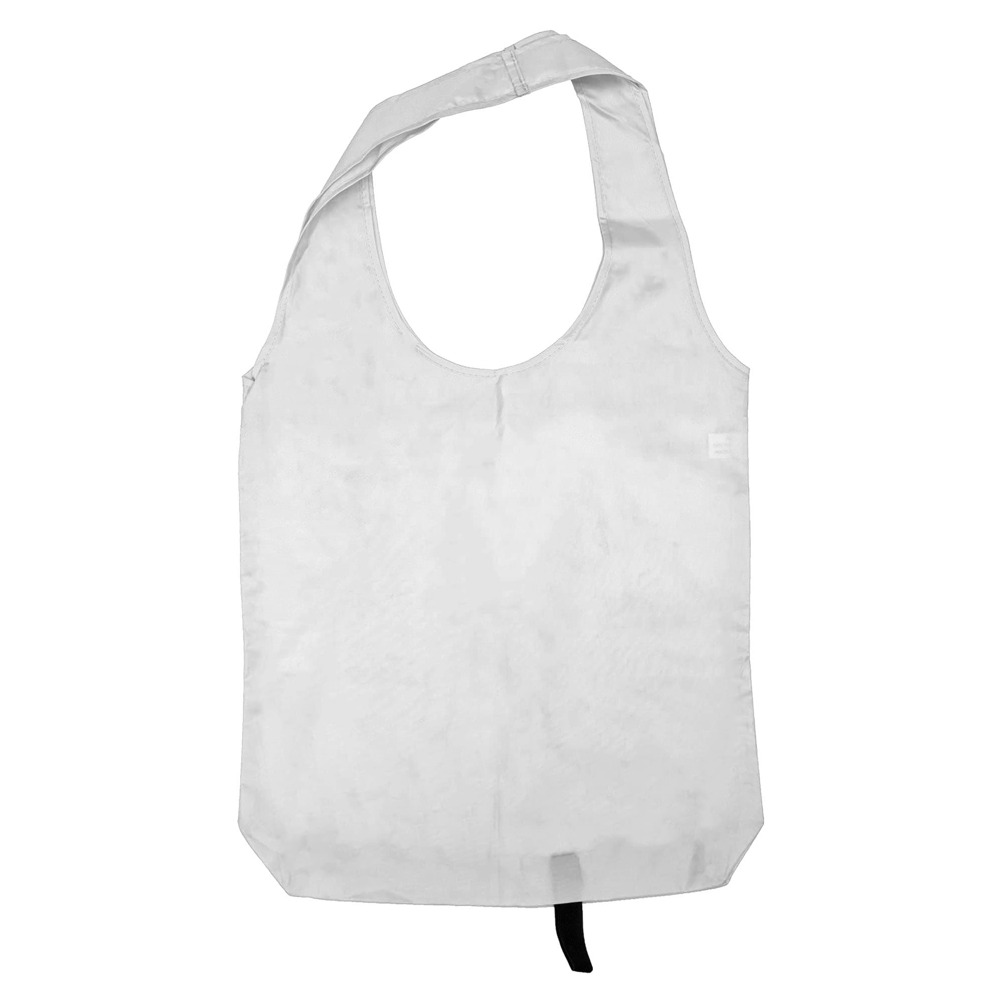 A white tote bag with long handles featuring a simple design and a logo.