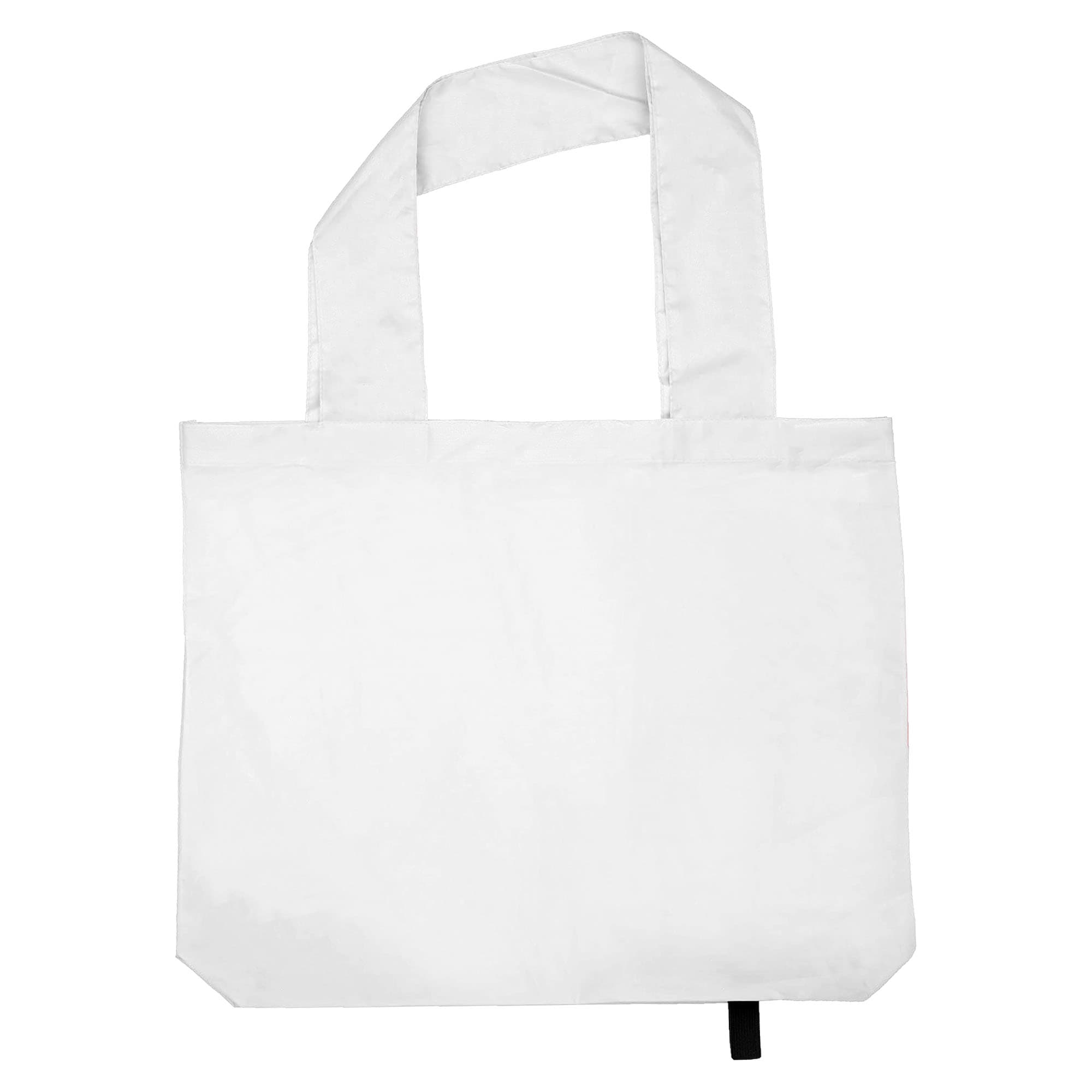 A plain white tote bag with two sturdy handles and a branded tag.