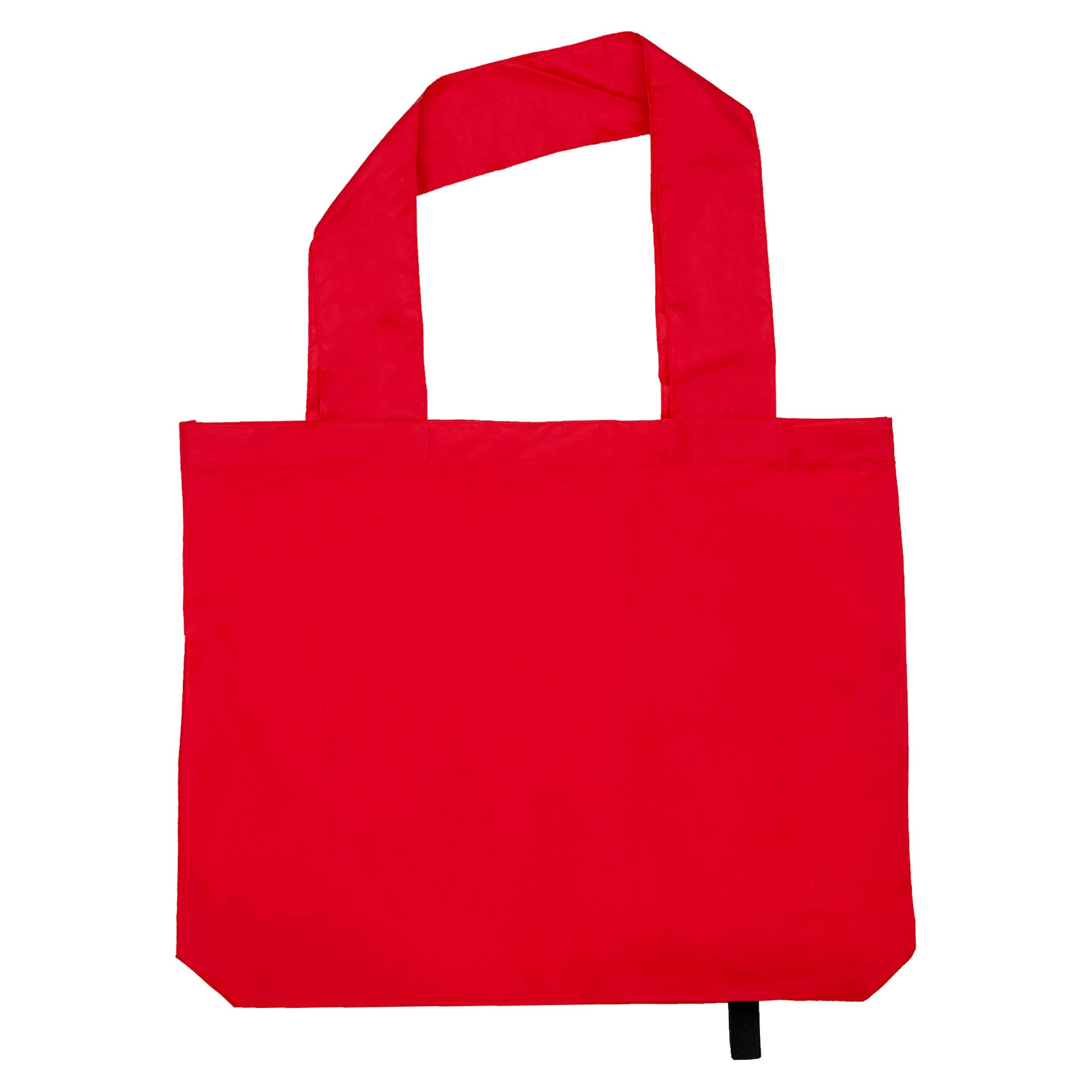 A red tote bag with two handles and a simple design, featuring a logo on one side.