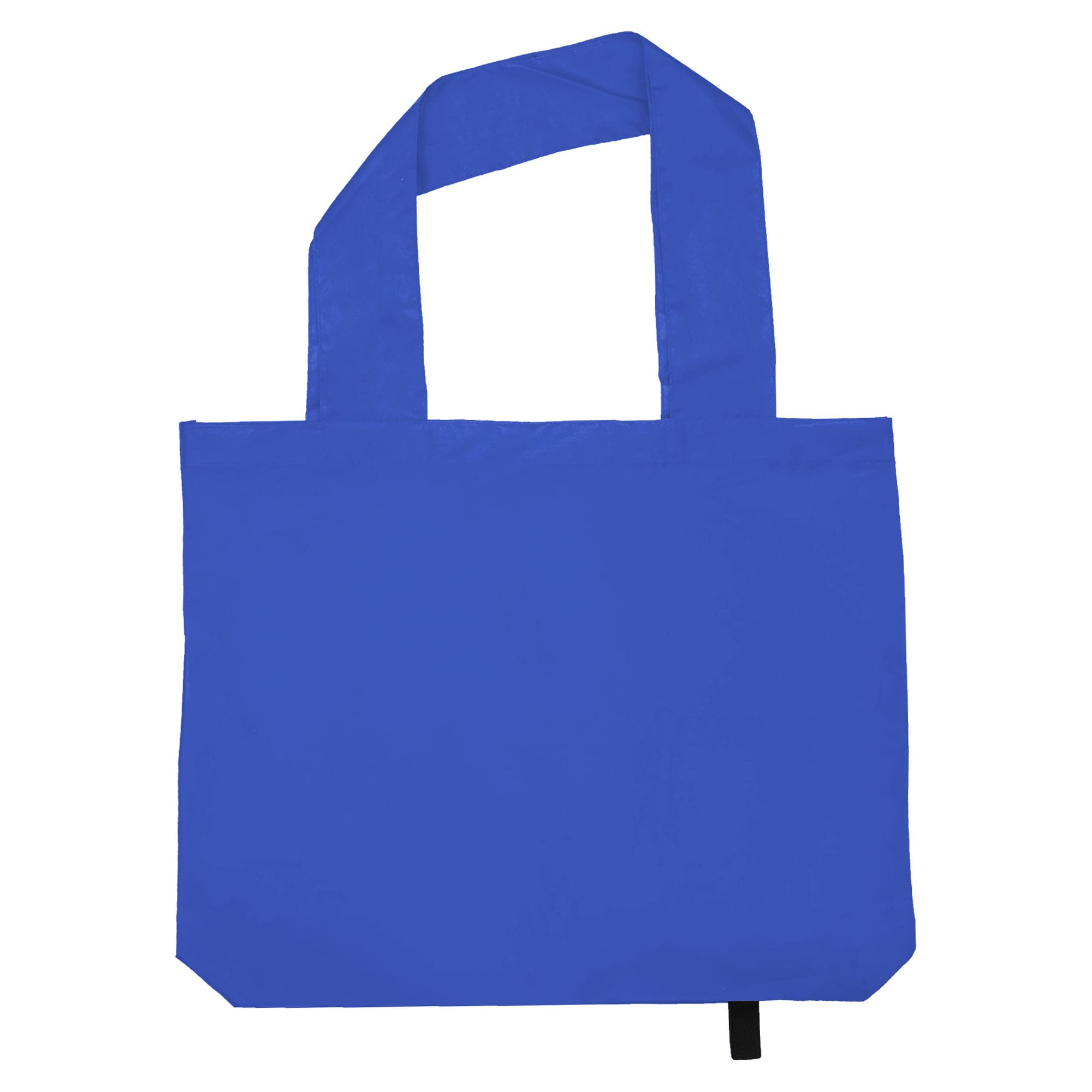 A blue tote bag with two handles and a simple design. It features a logo on one side.