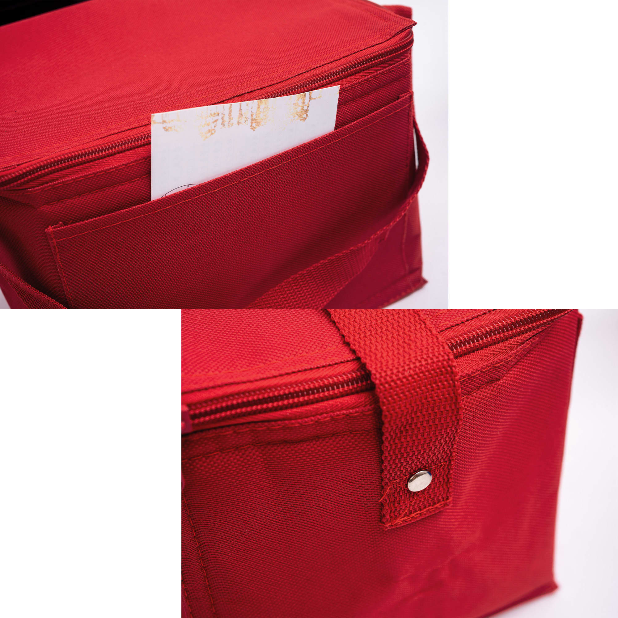 A red nylon cooler bag featuring a zip closure and a pocket on the side. Includes a logo branding.
