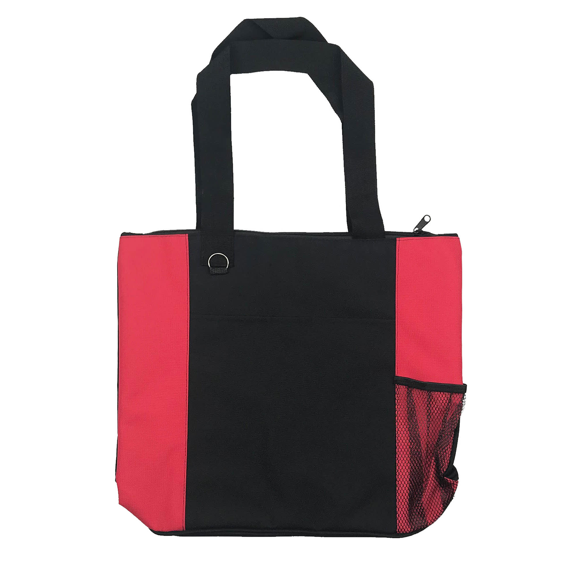 A nylon tote bag featuring a black and red design with a mesh side pocket and a logo.