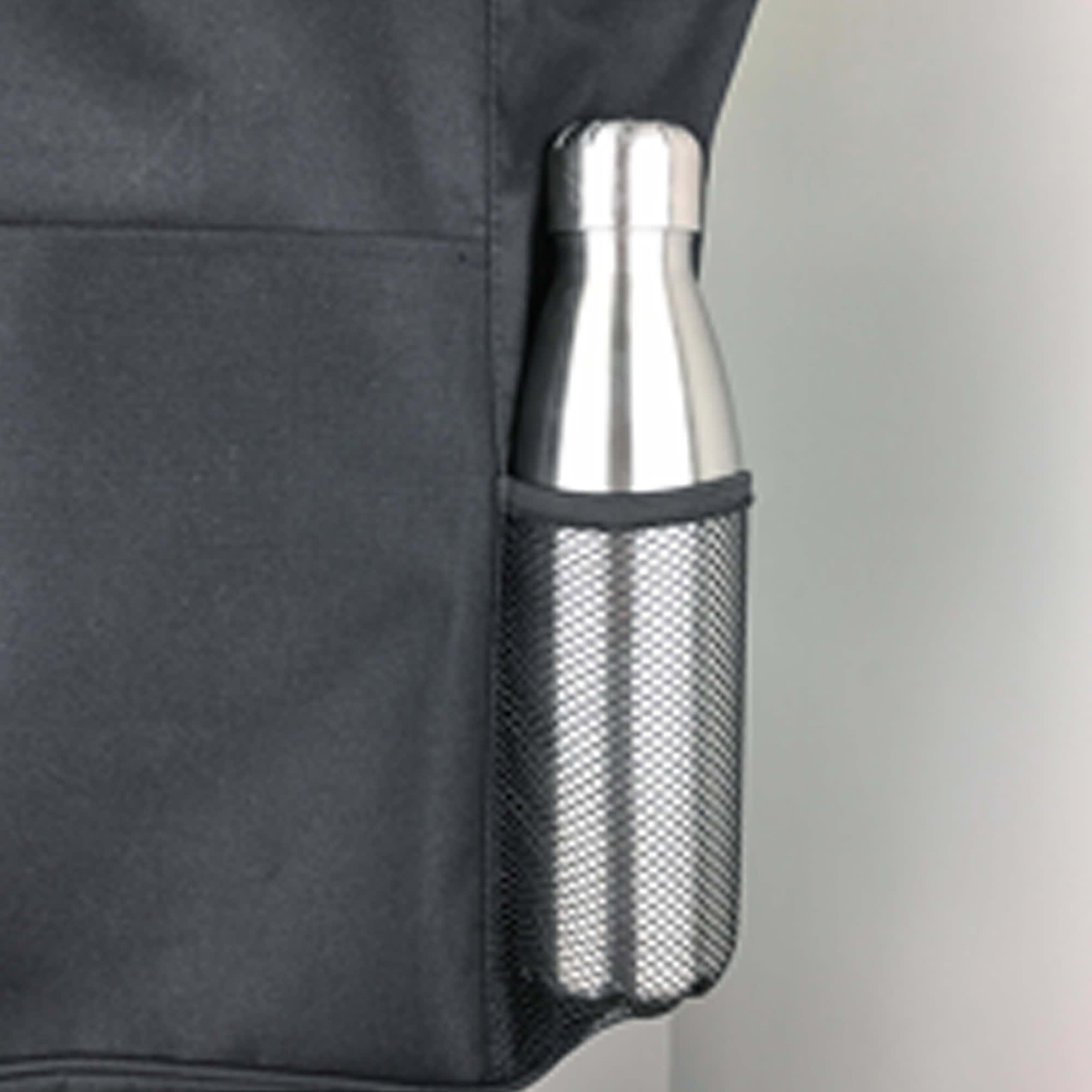 A stainless steel drink bottle nestled in a mesh pocket of a black nylon shopping tote.