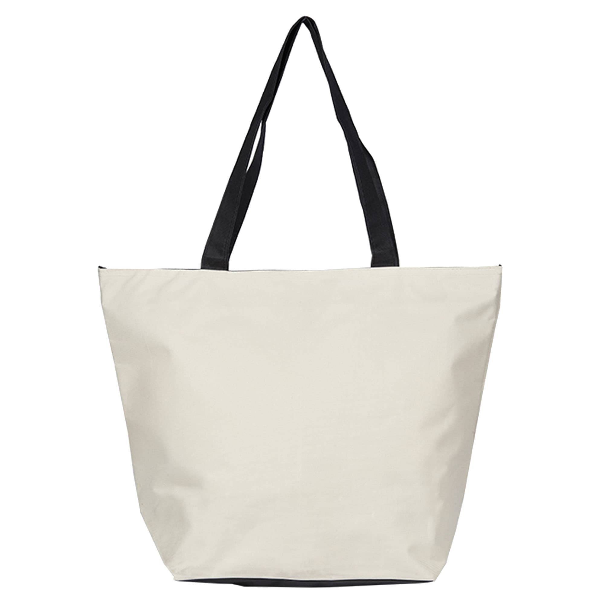 A beige tote bag with black handles. The bag has a simple design and features a logo.