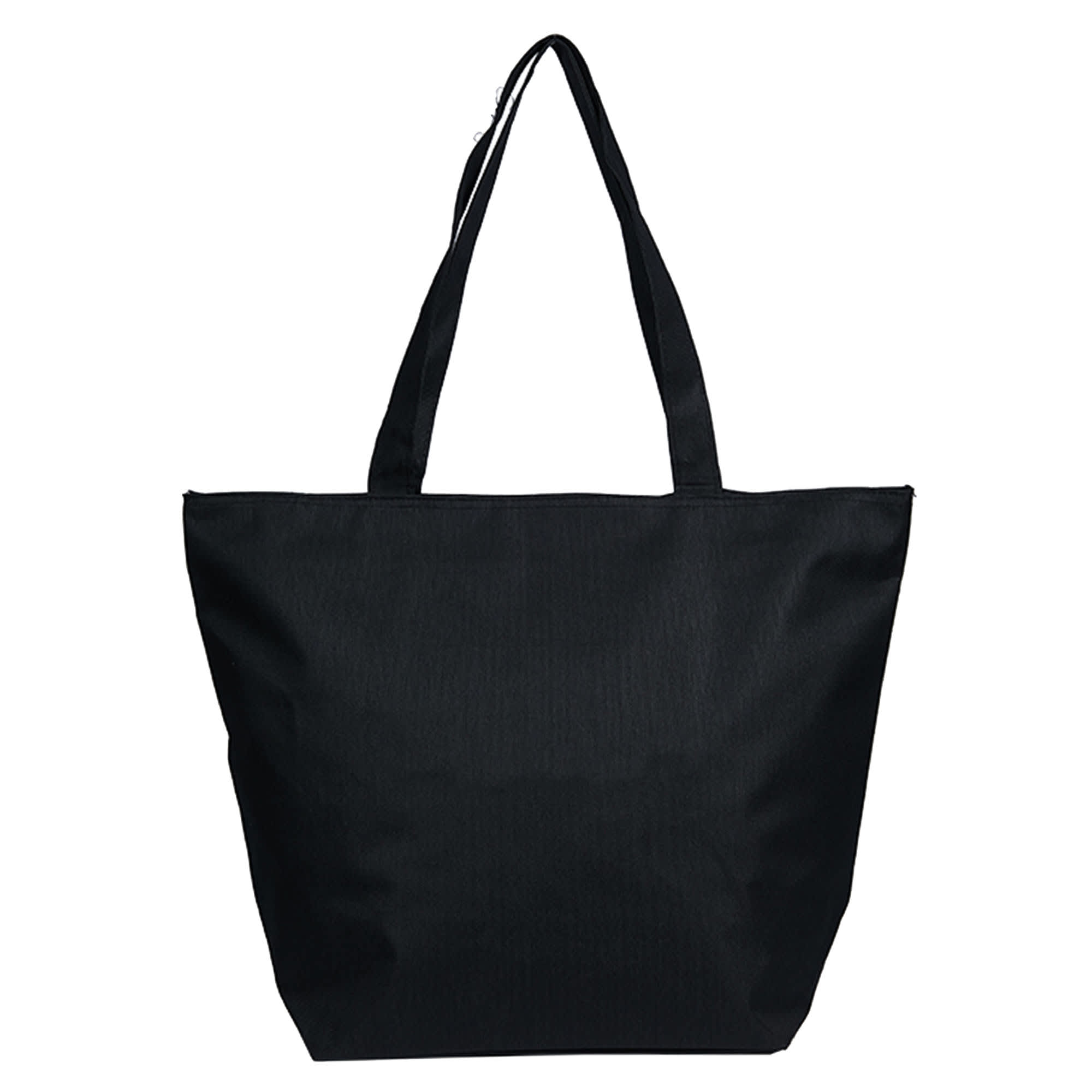 A large black tote bag with dual handles and a simple design. It features a branding logo.