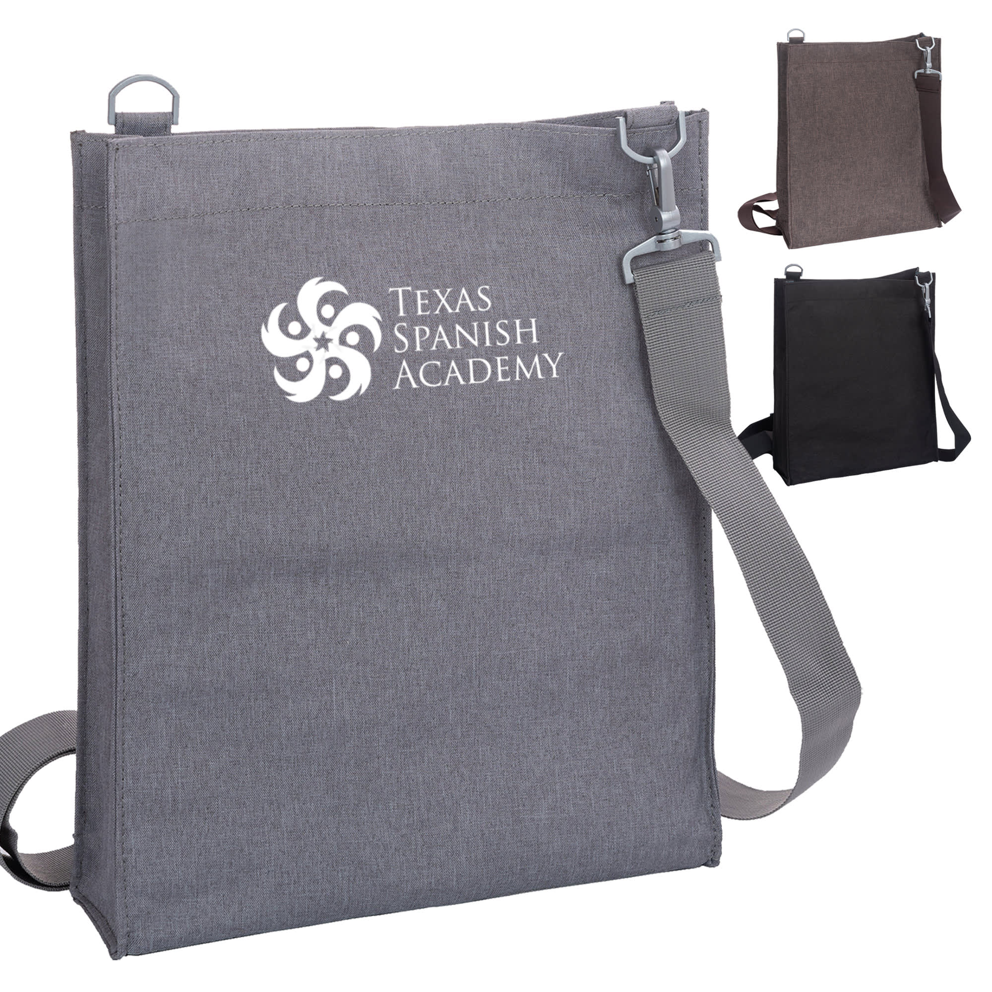 A grey nylon library bag with a shoulder strap and a logo, alongside brown and black variations.