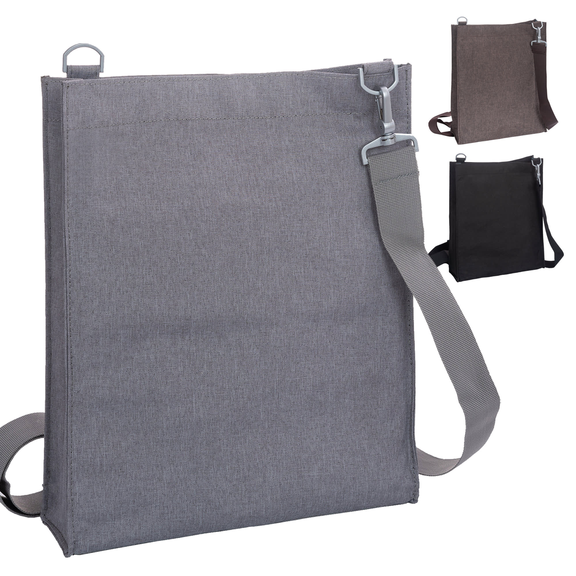 A grey nylon library bag with a shoulder strap and a metal clip, featuring a simple design. Other colour options are shown.