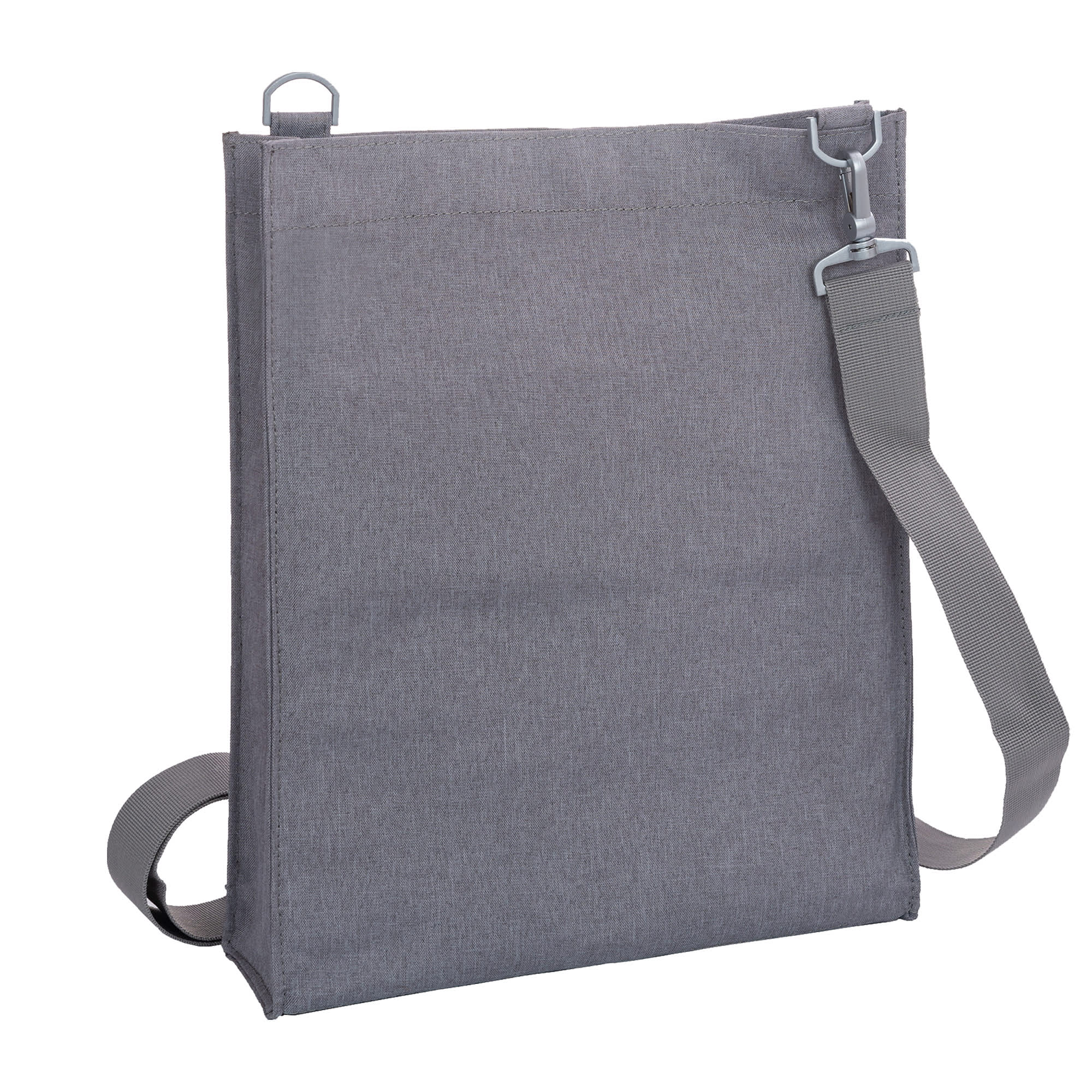 A grey nylon library bag with a adjustable strap and a clip. The bag features a simple, minimalistic design.