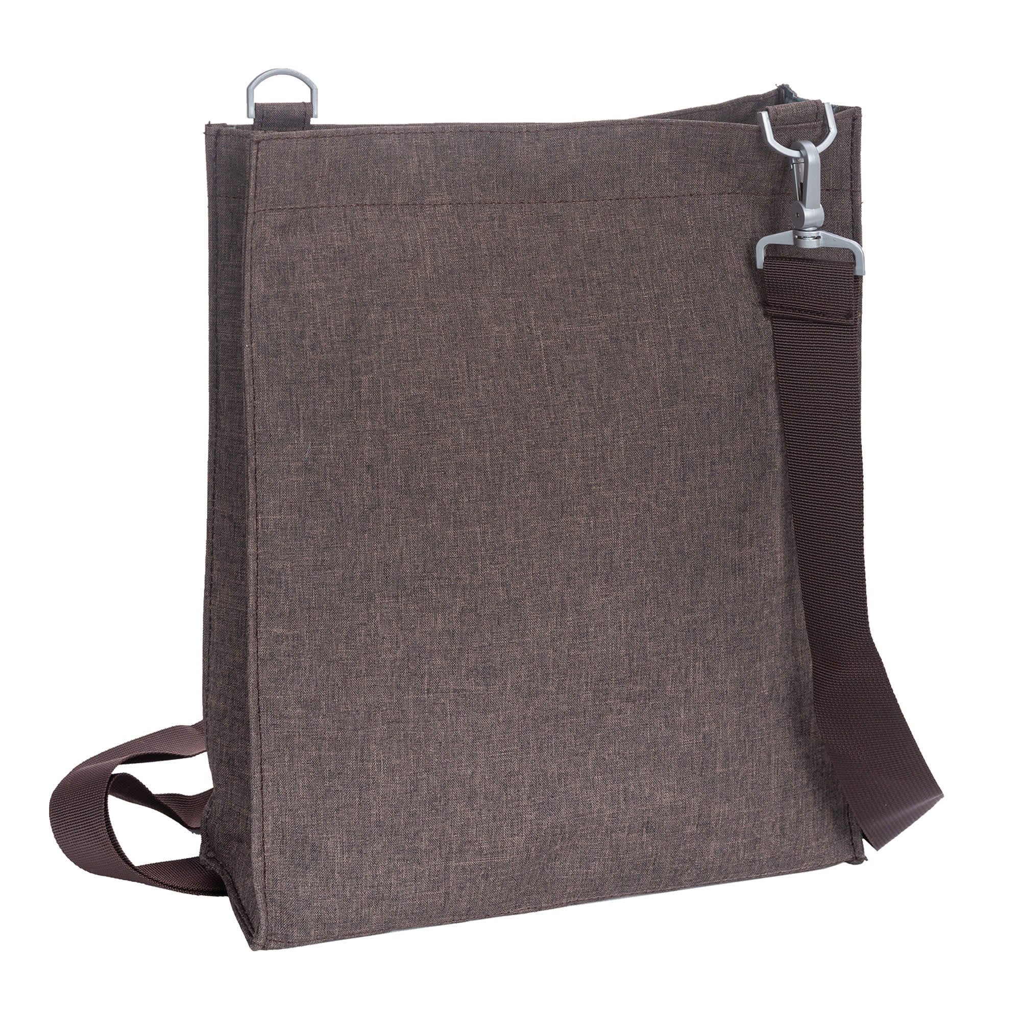 A brown nylon library bag with a shoulder strap and a metal clip, featuring a simple design and no visible branding.