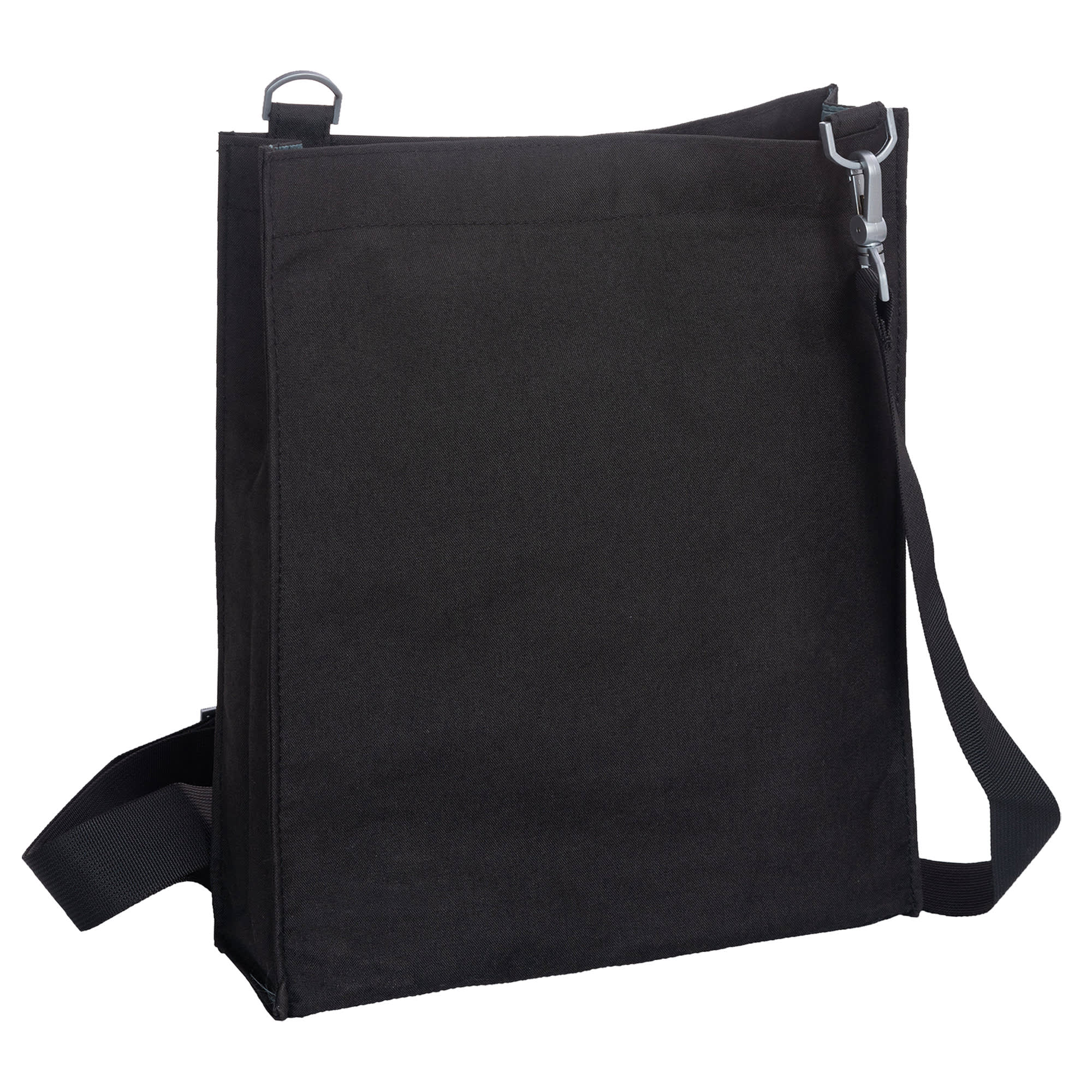 A black nylon library bag with a shoulder strap and a silver clip, featuring a simple design.