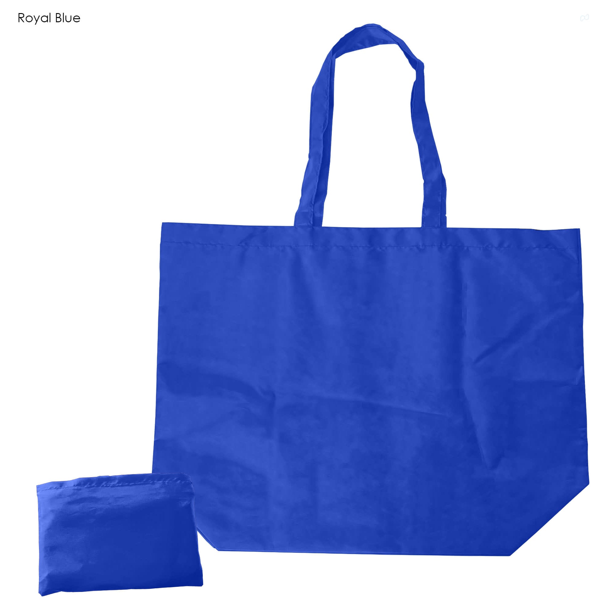A royal blue reusable shopping bag next to a folded version of itself, featuring short handles and a simple design.
