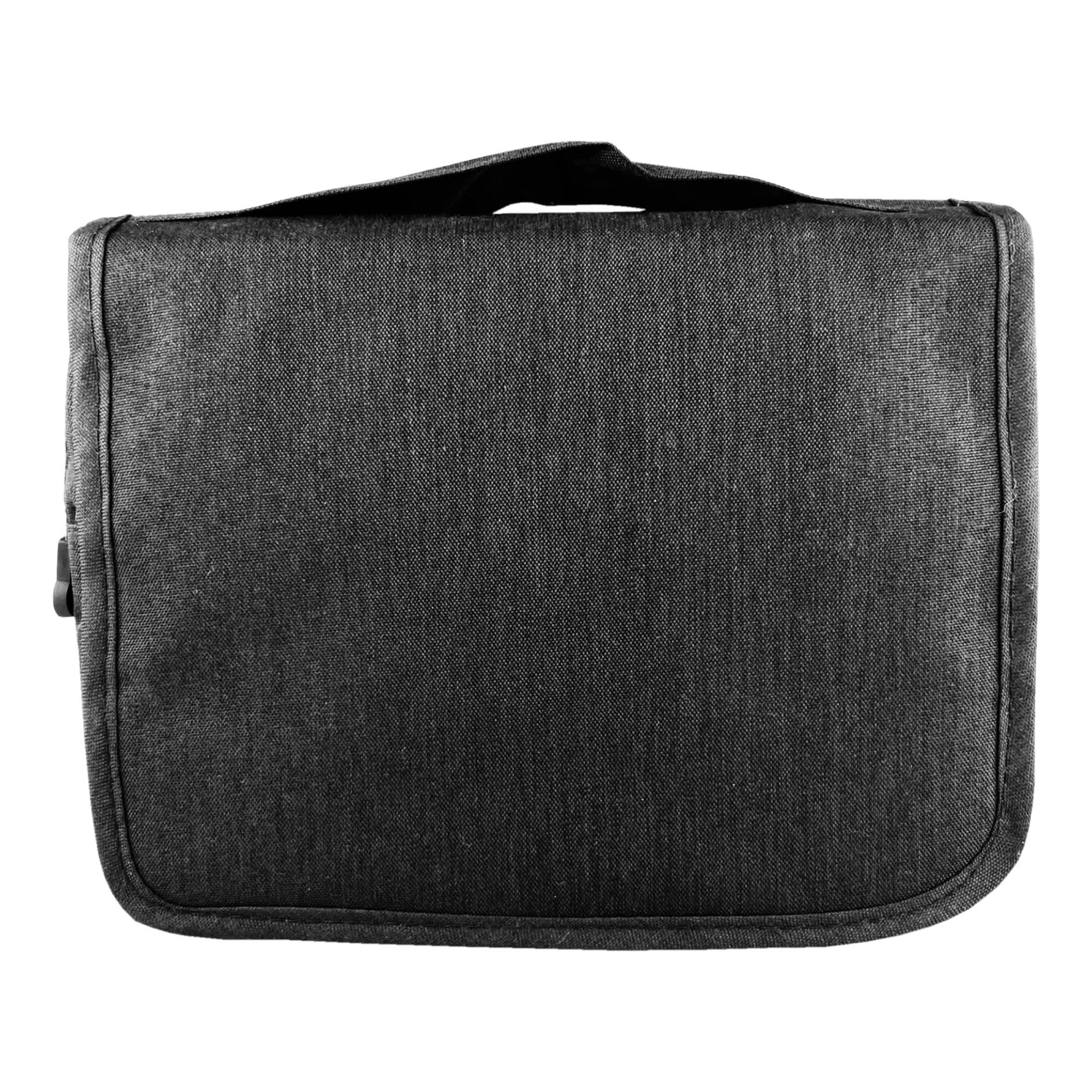 A grey toiletry bag featuring a handle, with a simple design and a logo on the front.