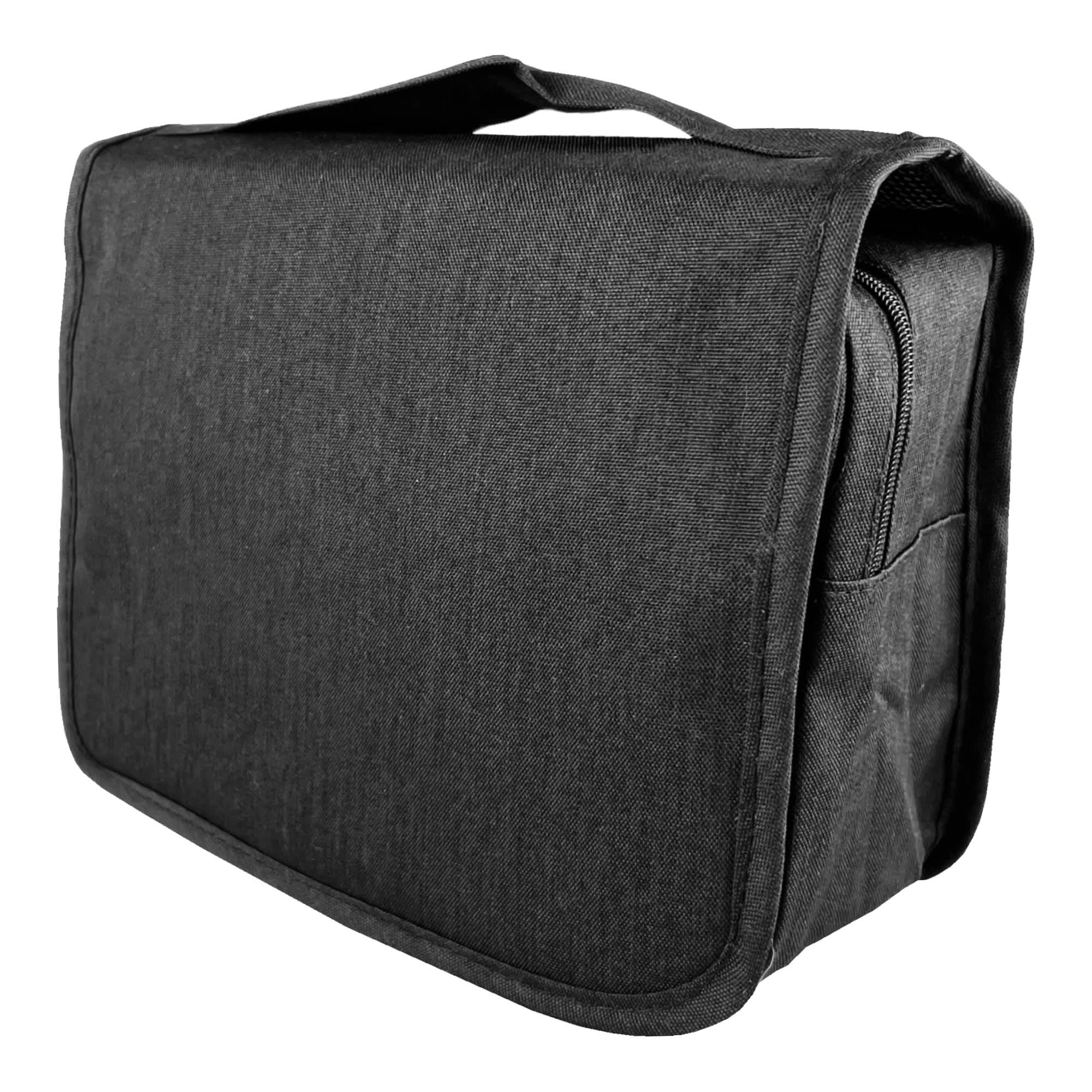 A grey toiletry bag with a handle and zippered compartments, featuring a simple design and a branding logo.