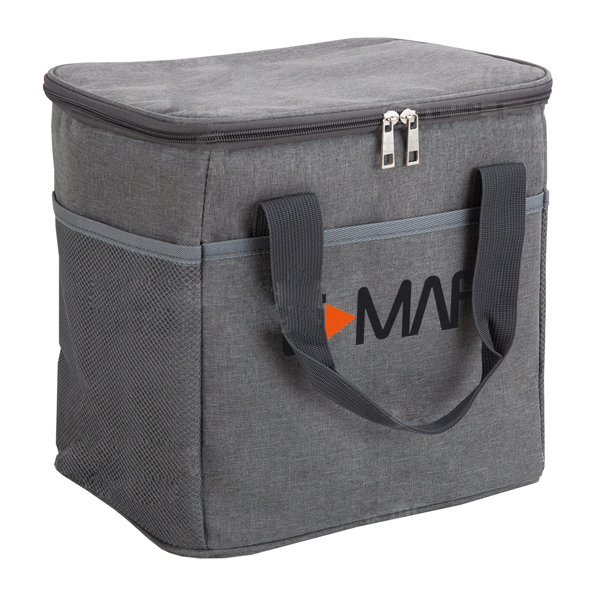 A grey nylon cooler bag with a zippered top and sturdy handles, featuring a logo on the front.