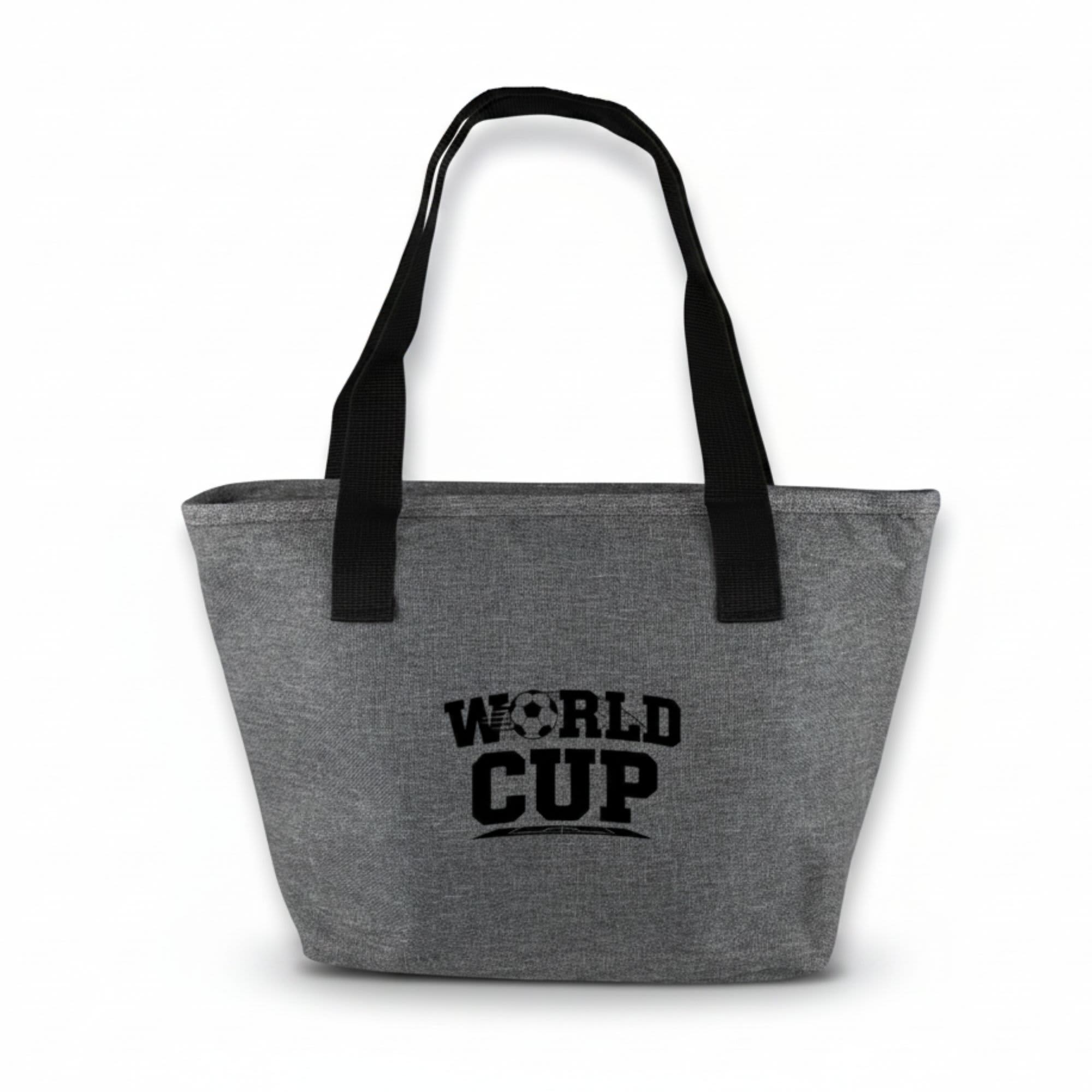 A grey tote bag with black handles and a logo featuring the words "WORLD CUP".