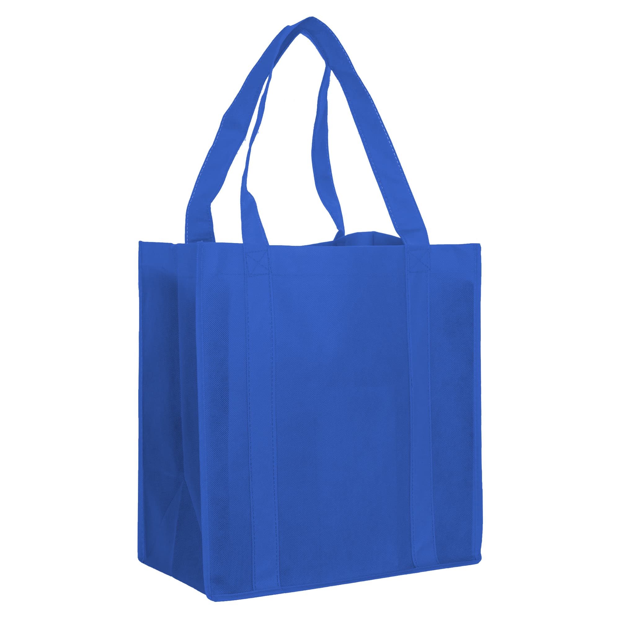 A blue non-woven shopping bag with two sturdy handles and a square base, featuring a logo.