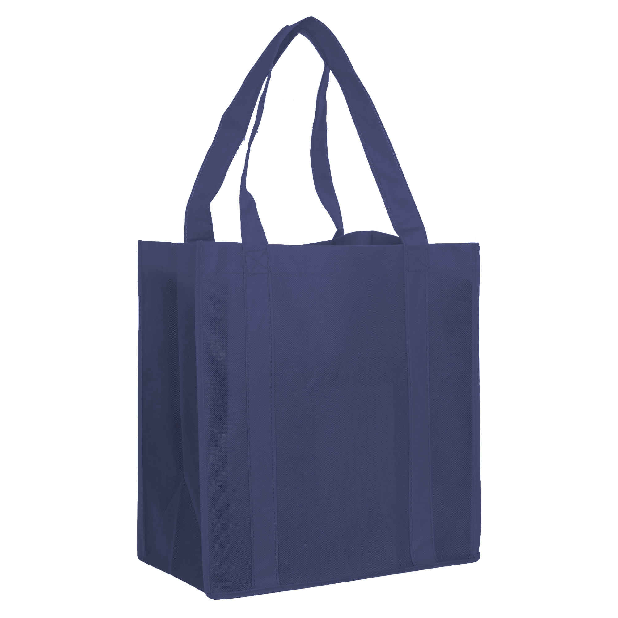 A navy non-woven shopping bag with two sturdy handles and a solid design, featuring a logo.