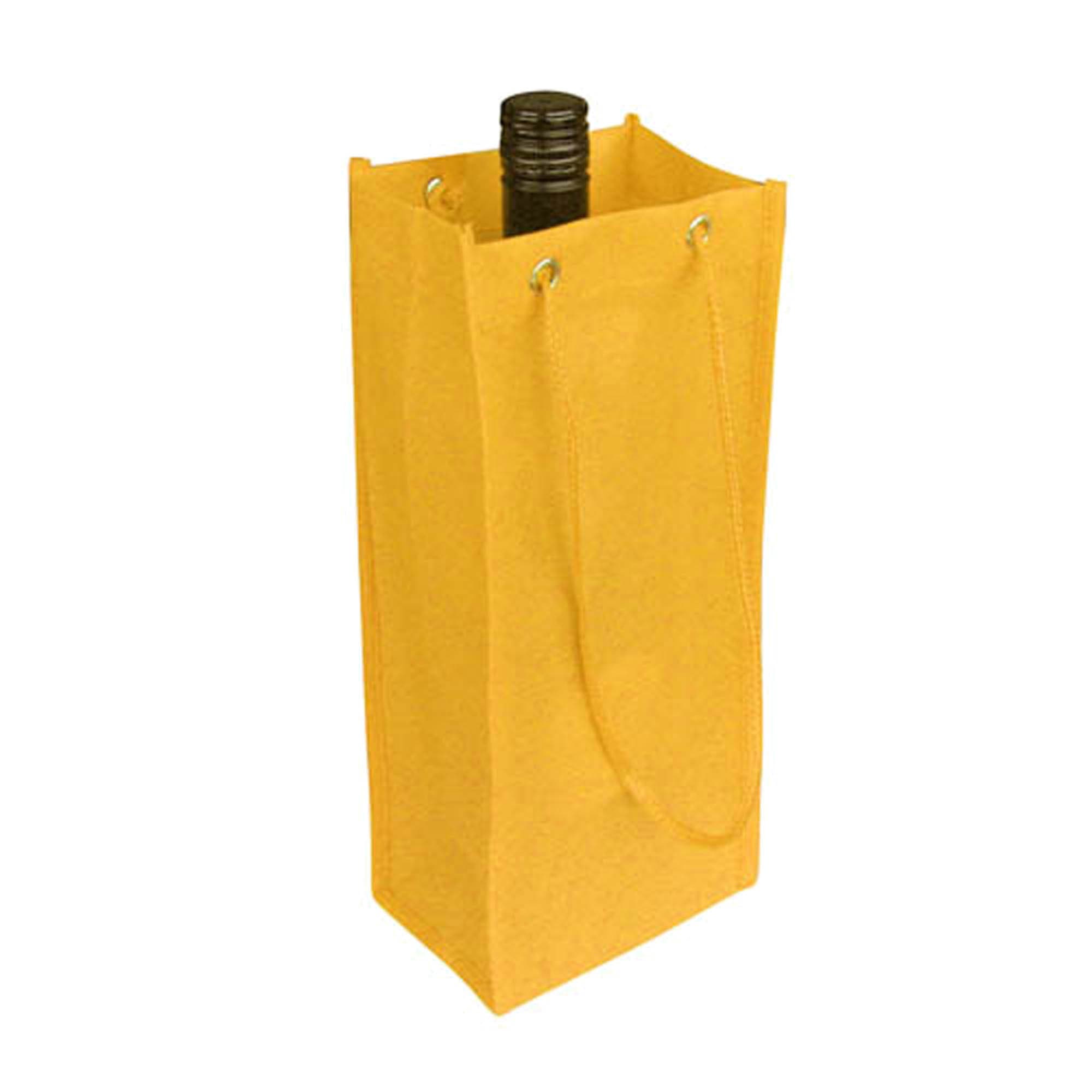 A drink bottle bag in bright yellow, featuring a bottle inside and an attached handle. The bag has a simple design.