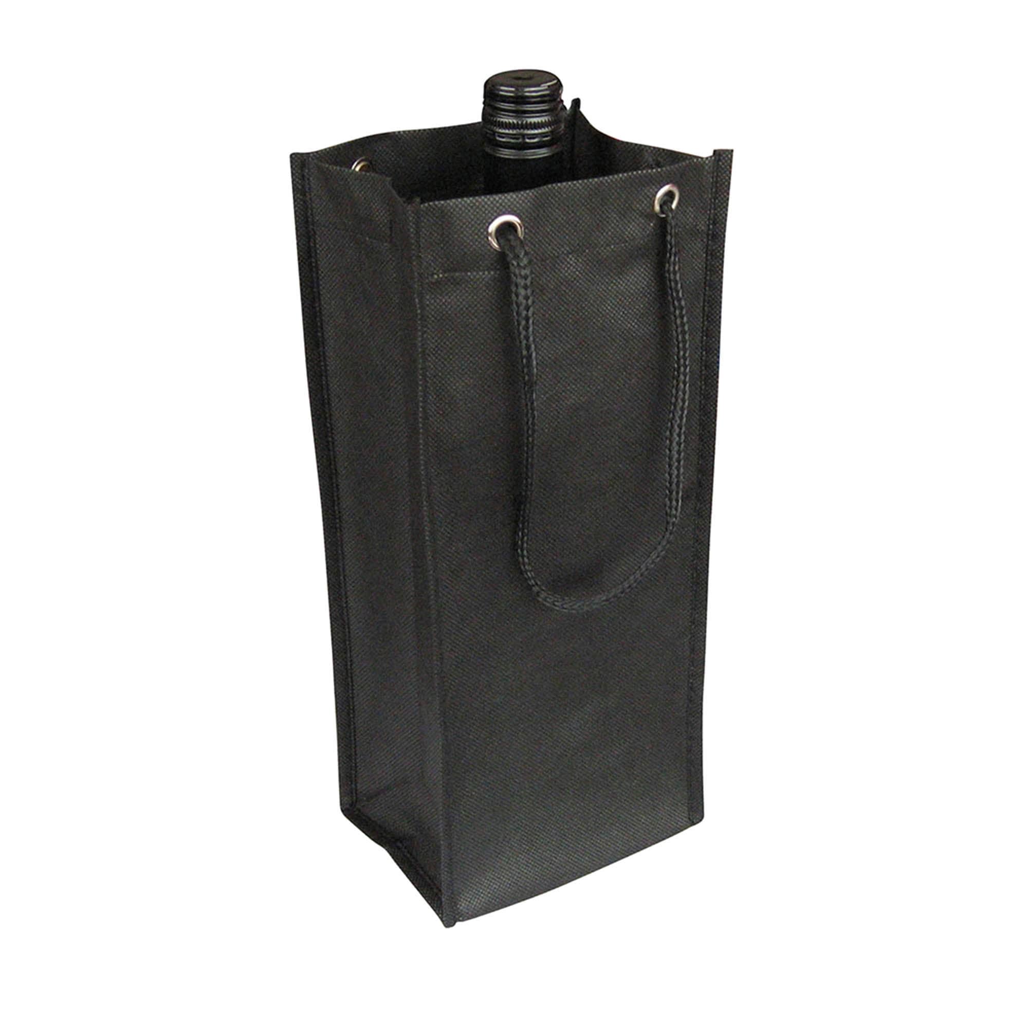 A drink bottle bag in black, featuring a sturdy design with rope handles and a logo.