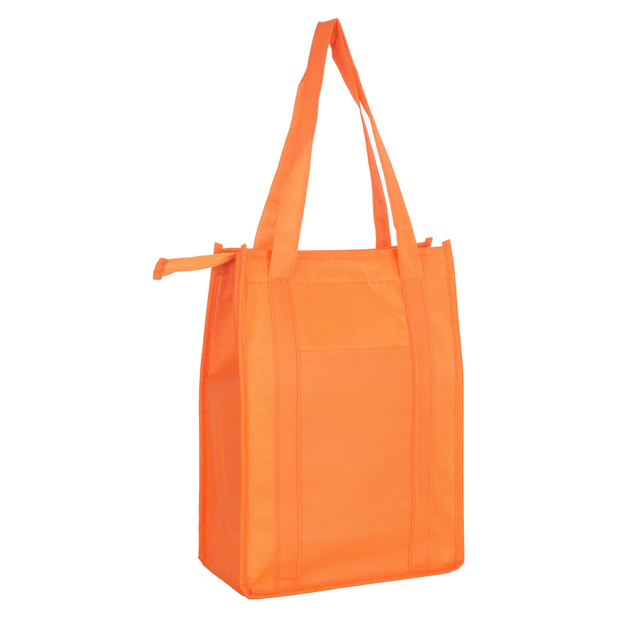 An orange non-woven cooler bag with a top zip closure and sturdy handles. Contains a logo.