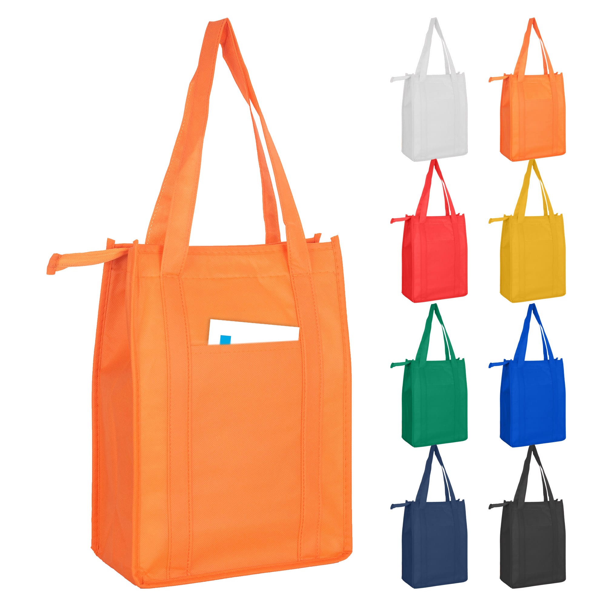 A non-woven cooler bag in orange with two sturdy handles and a front pocket, available in multiple colours.