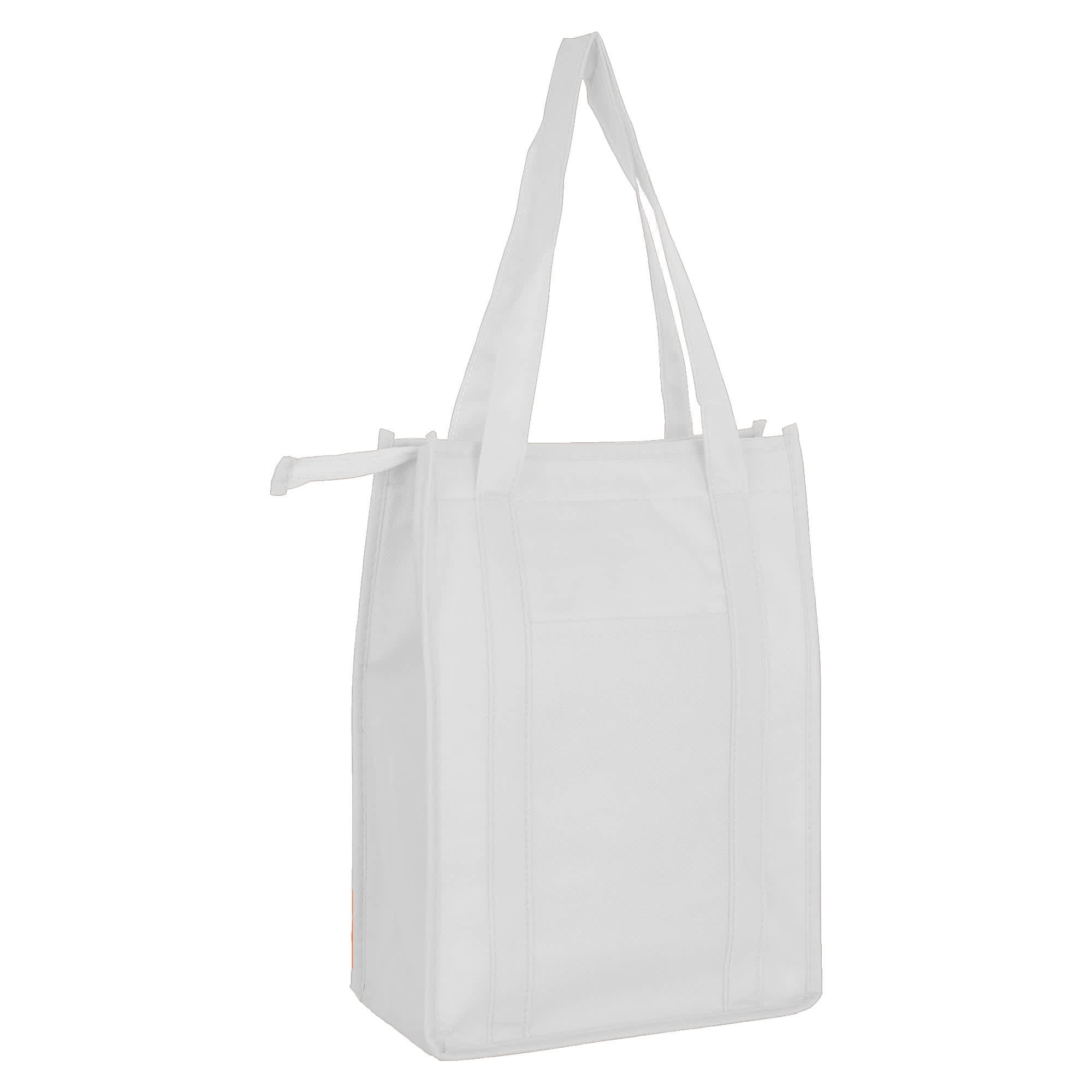 A white non-woven cooler bag with a top zip closure and sturdy handles, featuring a blank design.