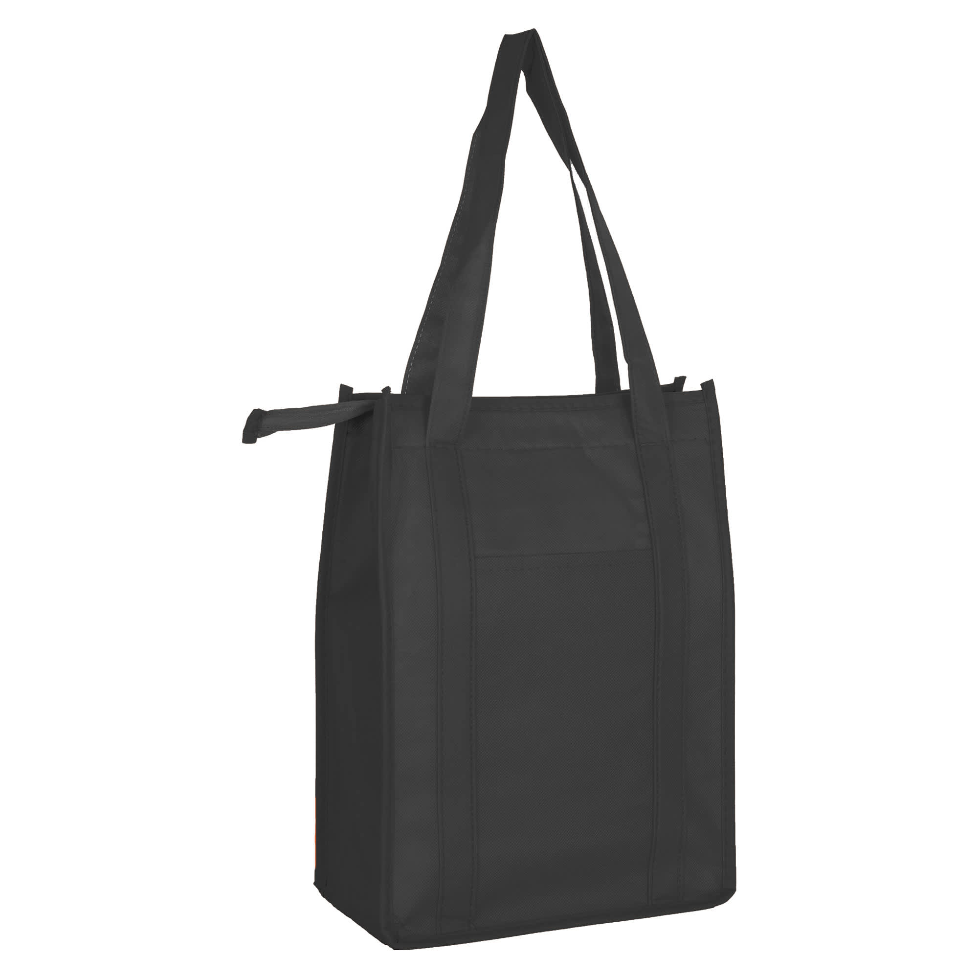 A black non-woven cooler bag with a top zip closure and two sturdy handles, featuring a logo.