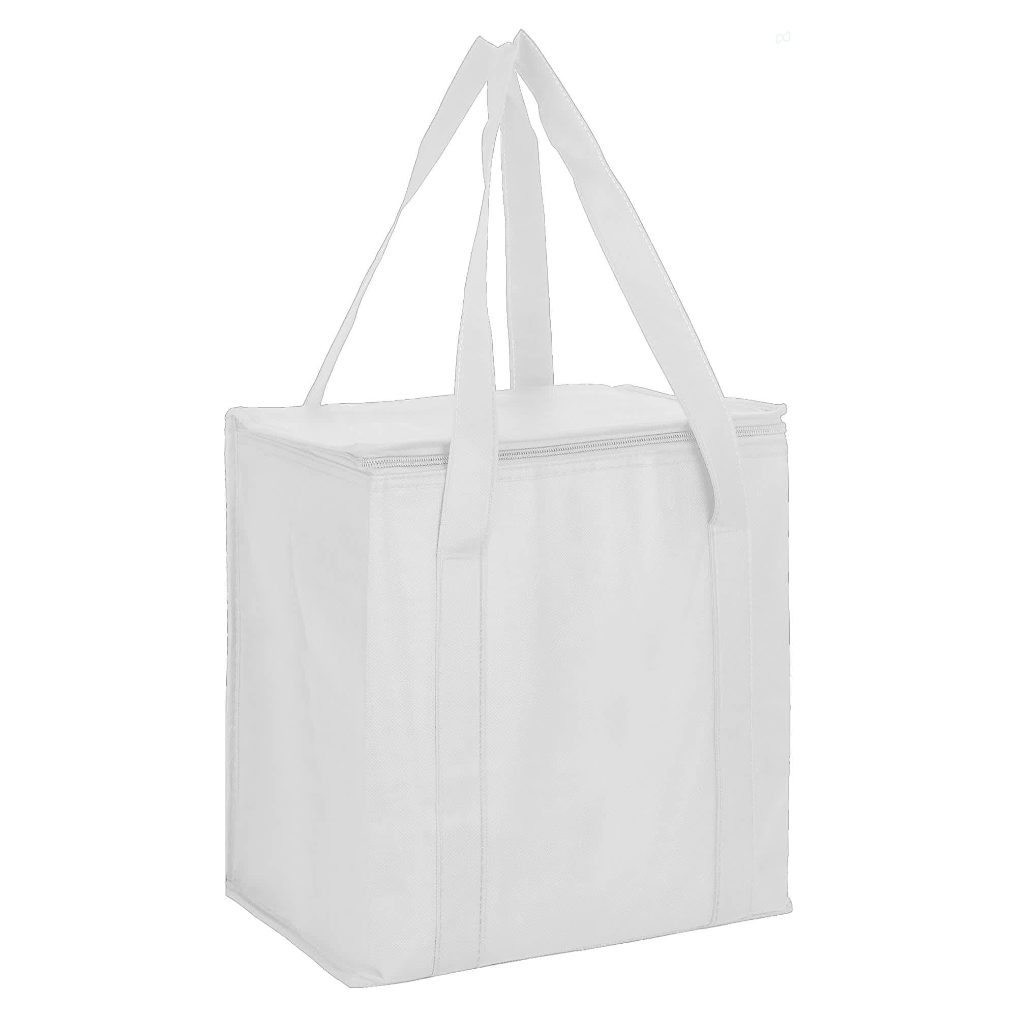 A white non-woven cooler bag with a zipped lid and sturdy handles, featuring a logo.