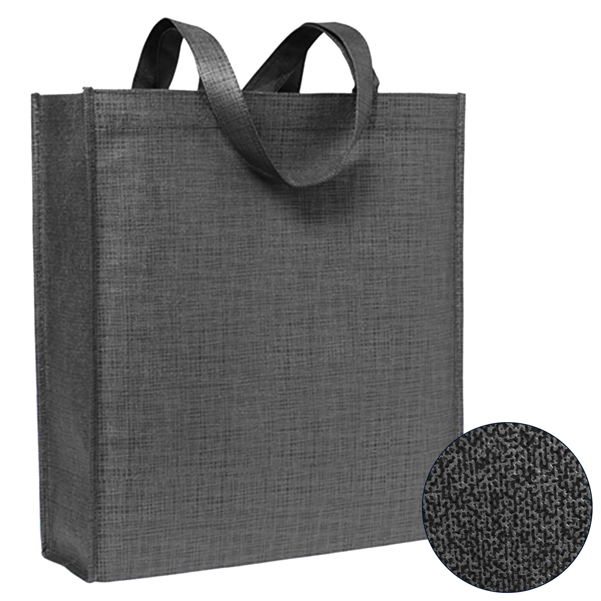 A premium patterned non-woven tote bag in black, featuring two sturdy handles and a textured design.