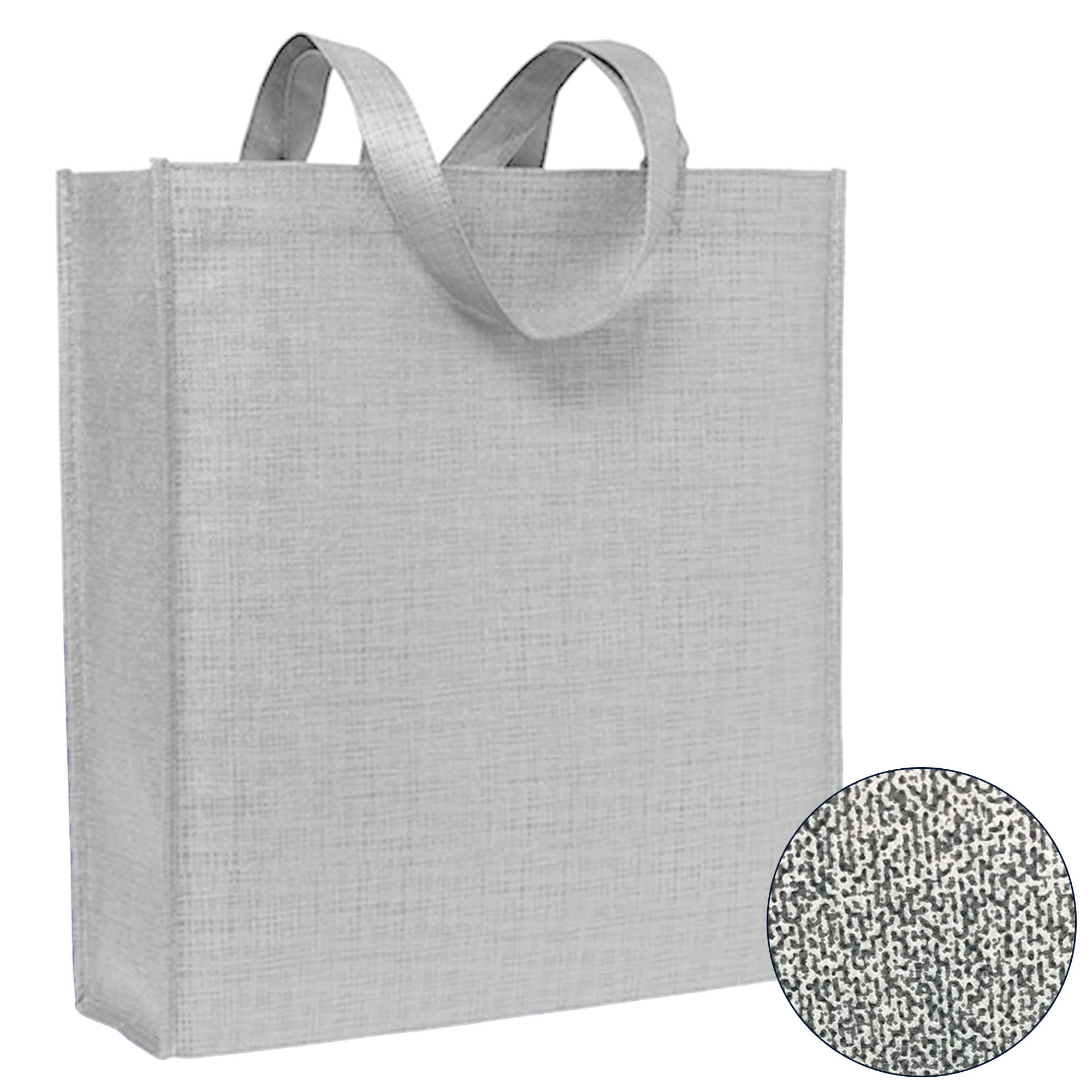 A grey patterned non-woven tote bag with two handles and a logo displayed in the corner.