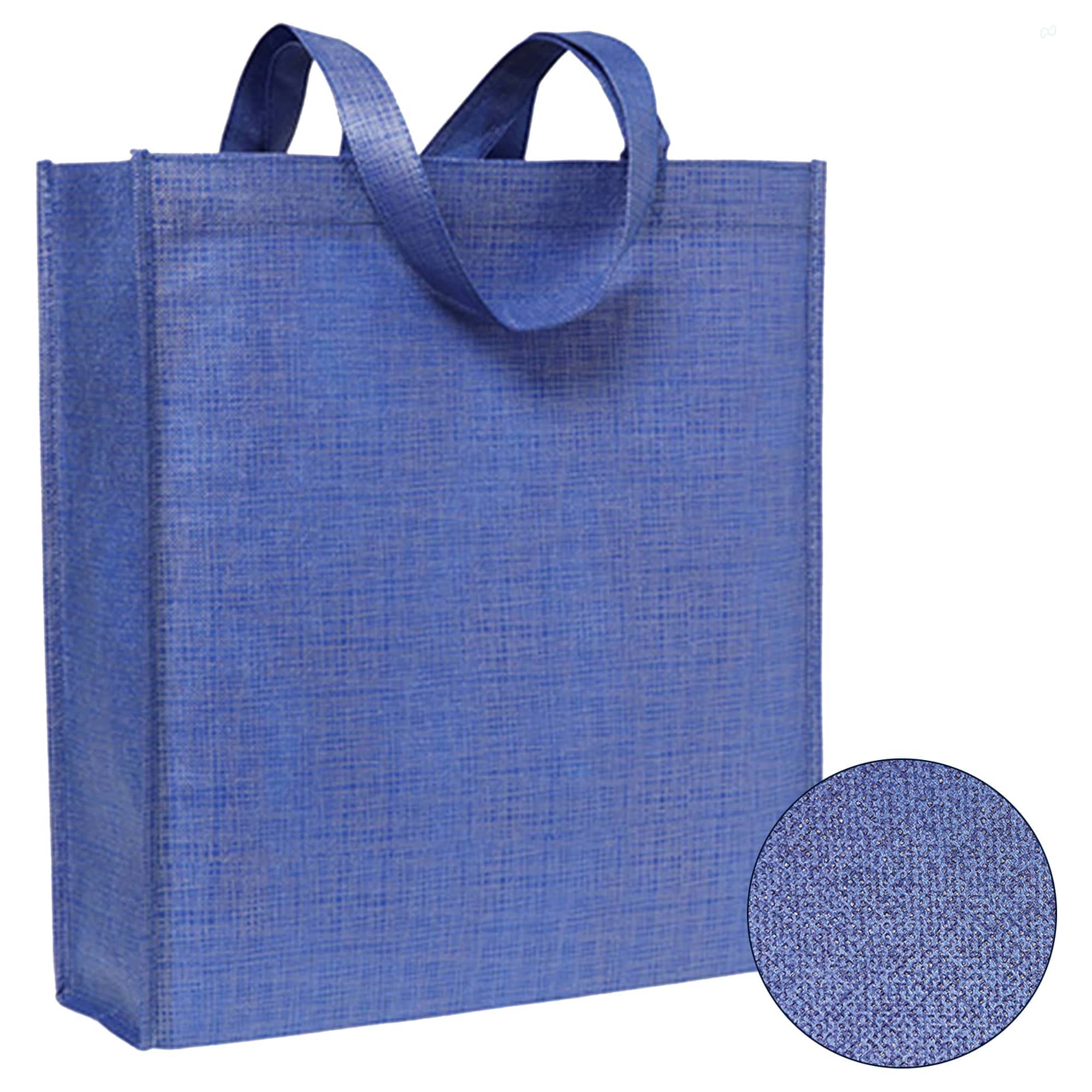 A blue patterned non-woven tote bag with sturdy handles and a textured finish. Logo visible on the bag.