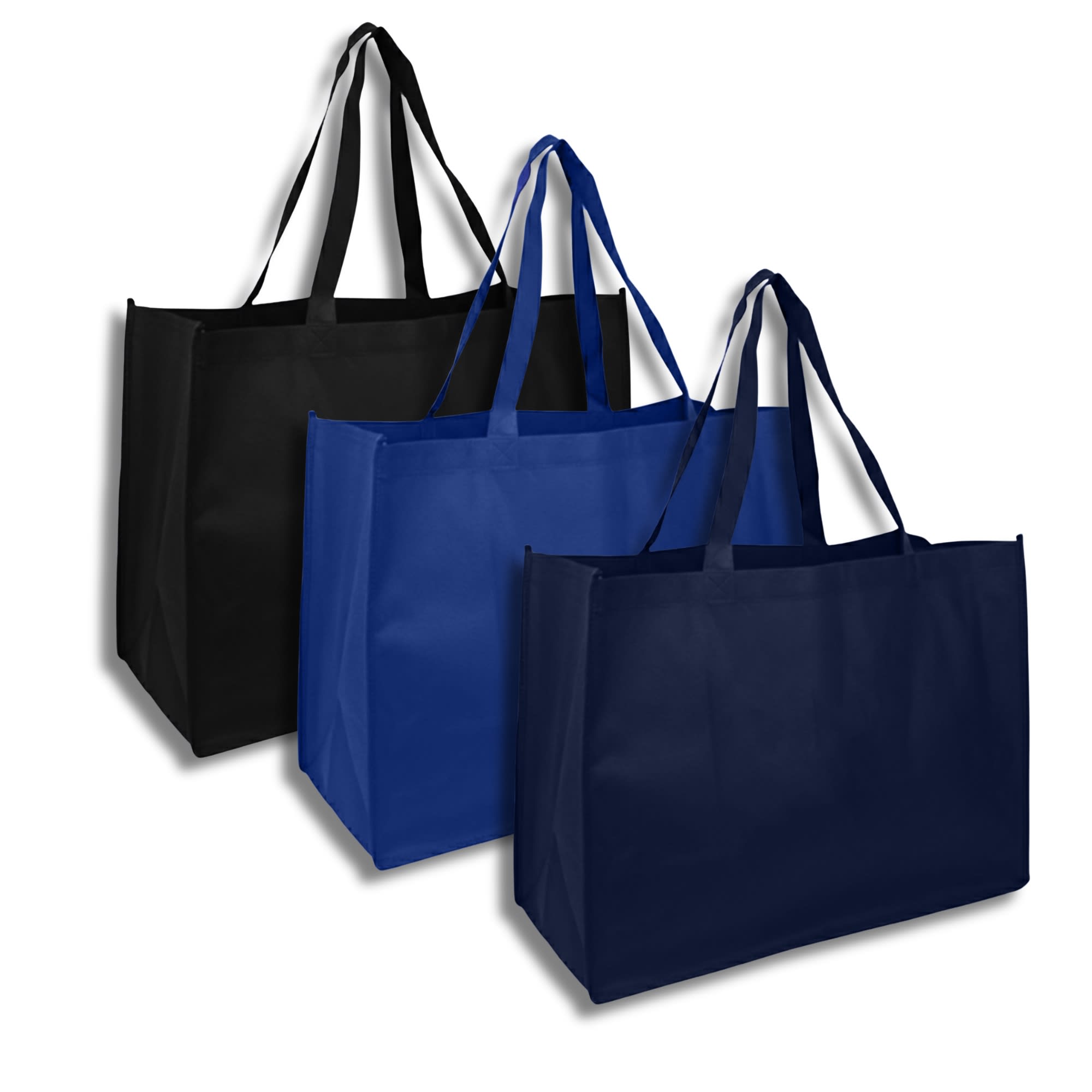 Three reusable grocery bags in black and shades of blue, featuring sturdy handles and a minimalist design.
