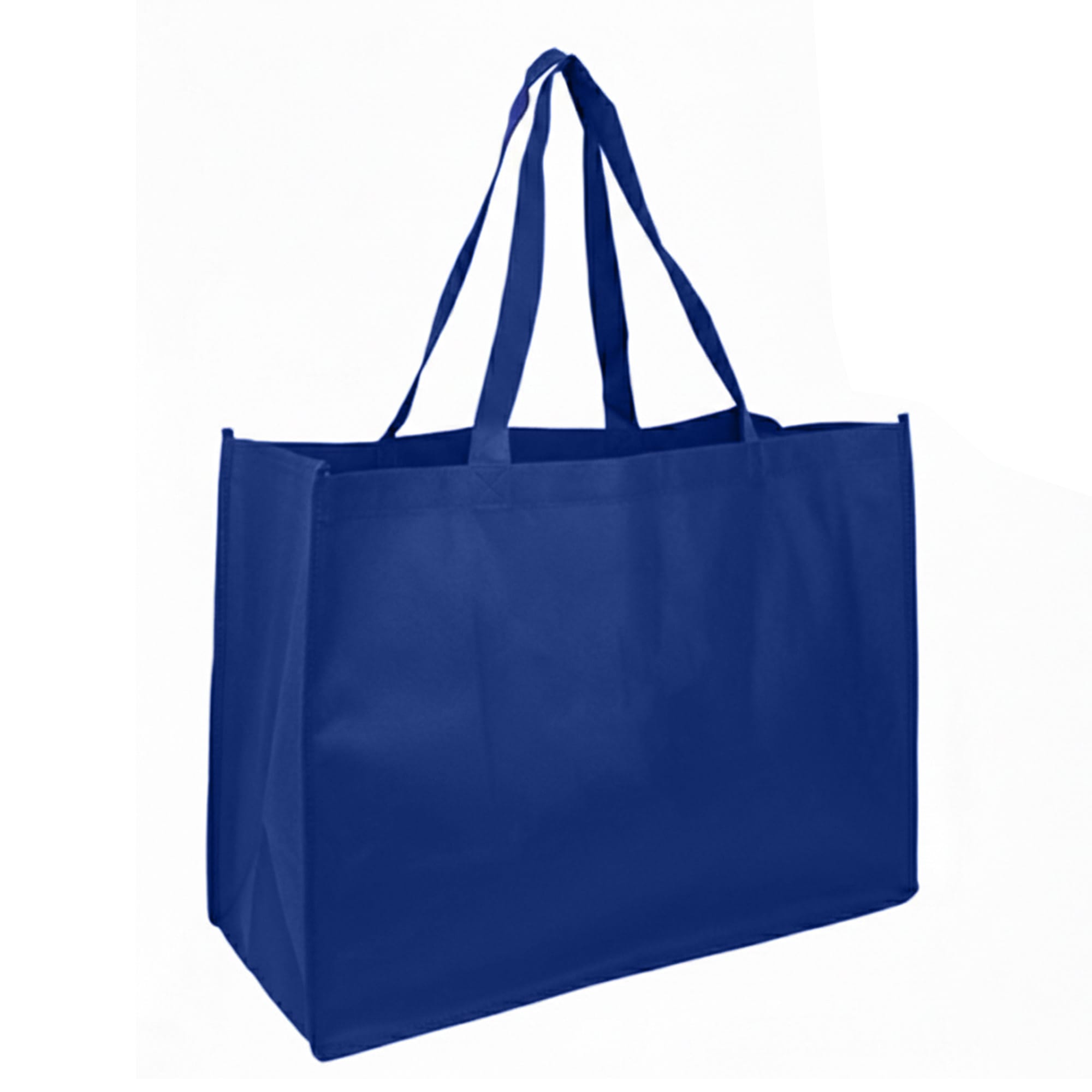 A large reusable grocery bag in solid blue with dual handles and a branding logo.
