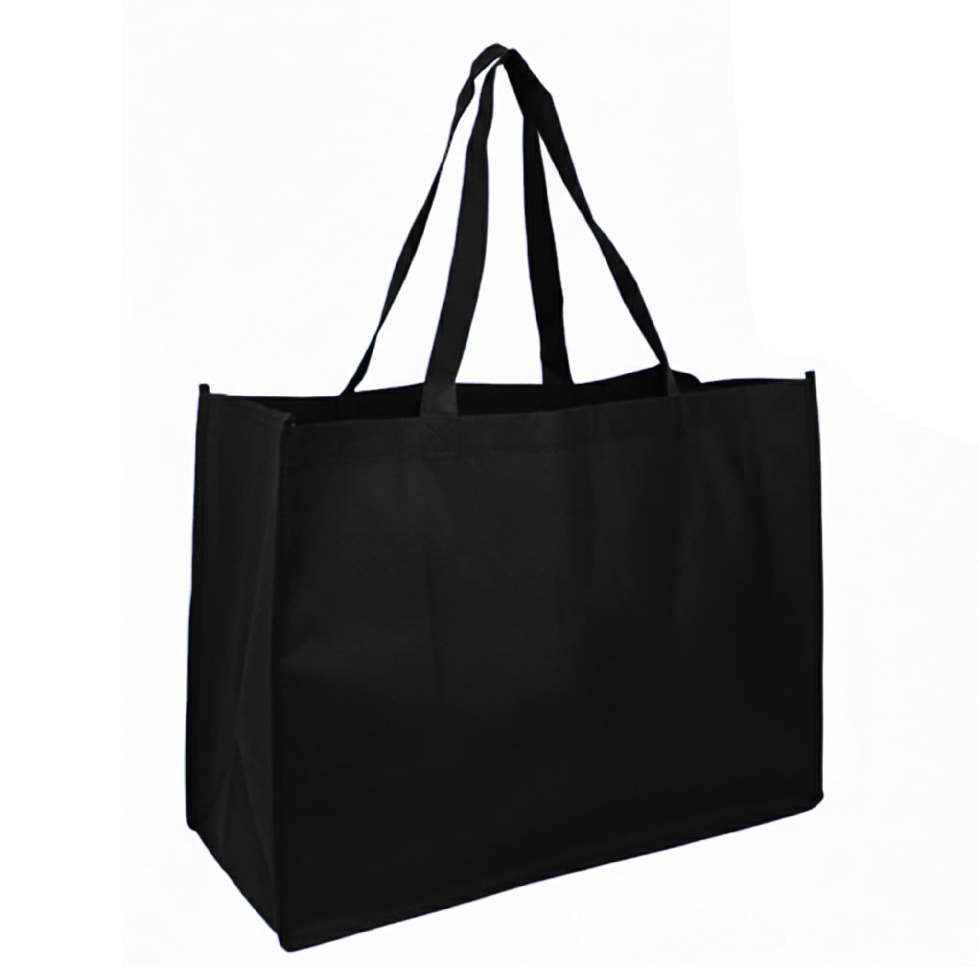 A black reusable grocery bag with two handles and a spacious interior. It features a logo on the side.