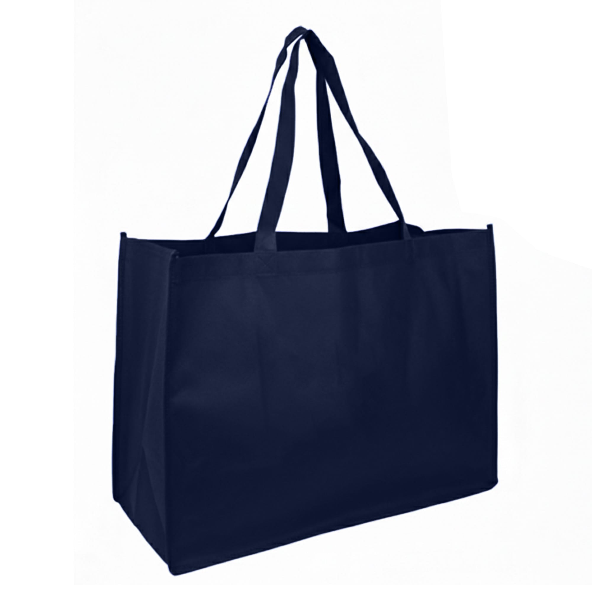 A navy Jumbo Non Woven Shopper bag with two sturdy handles and a simple design. It features a logo on the side.