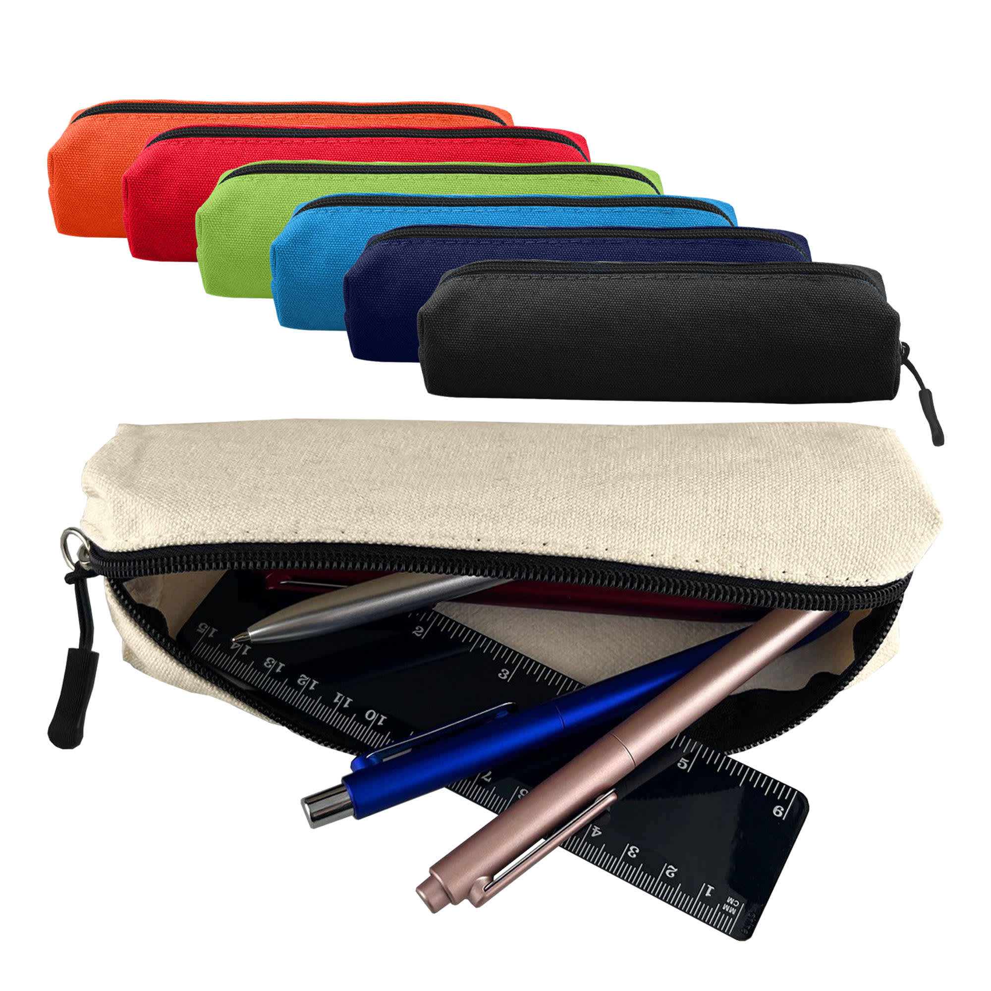 A variety of canvas tube pencil cases in red, orange, green, blue, black, and cream, with pens and a ruler inside.