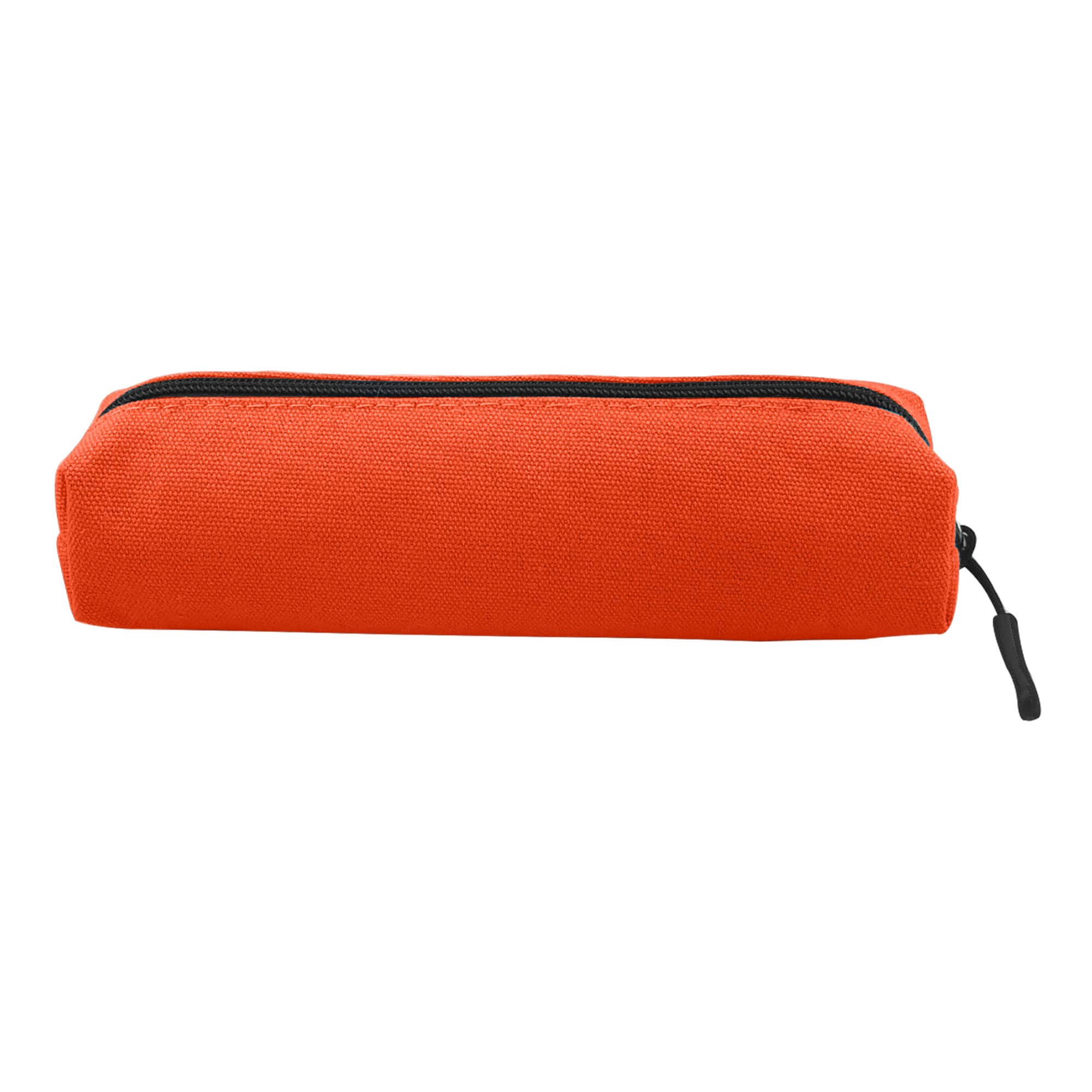 An orange canvas tube pencil case with a black zipper. Simple and minimalist design.