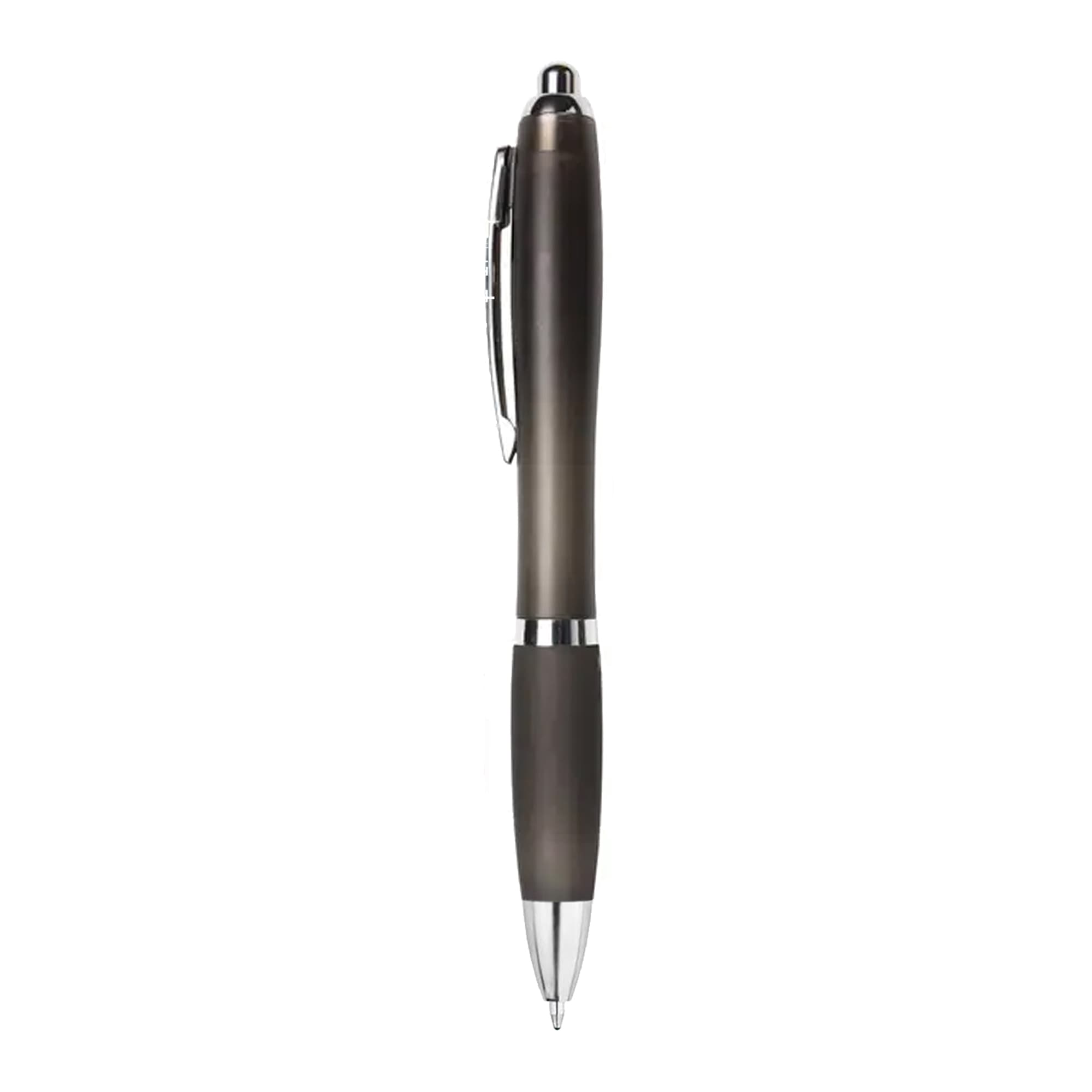 A dark grey plastic pen with silver accents, featuring a smooth grip and a logo on the side.