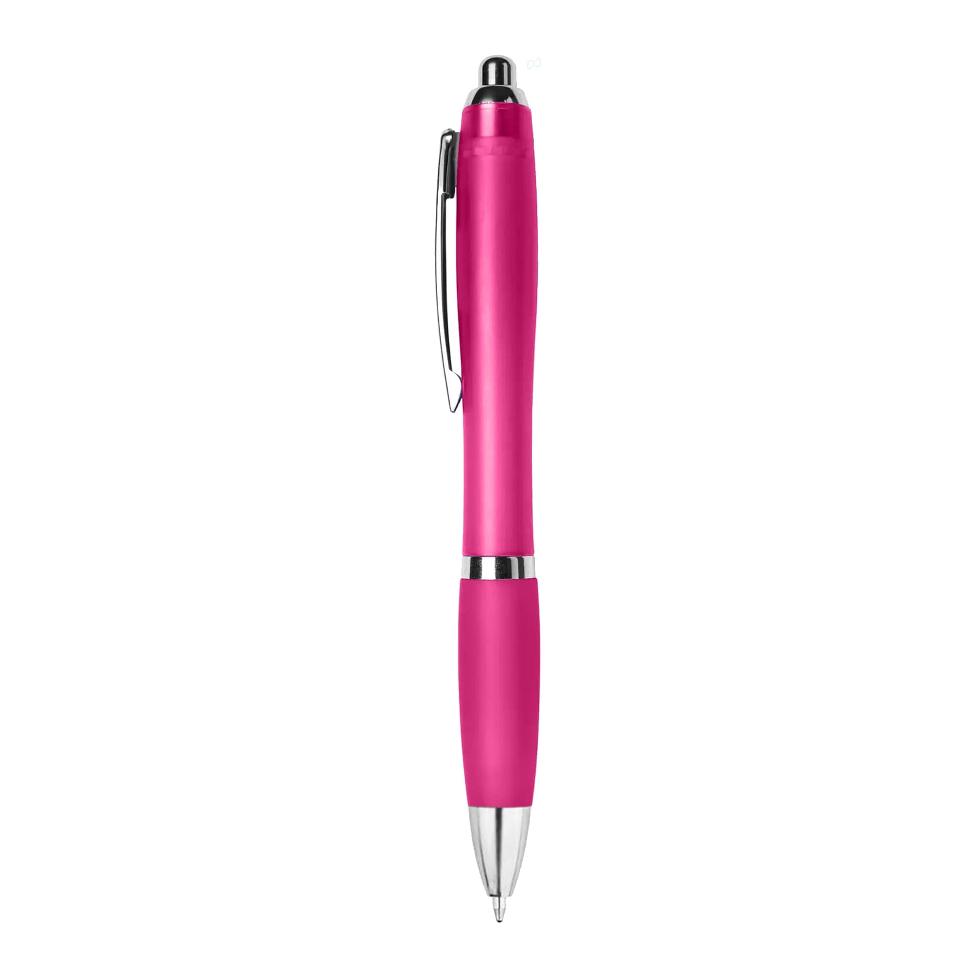A pink plastic pen with a shiny silver clip and trim, featuring a smooth writing tip.