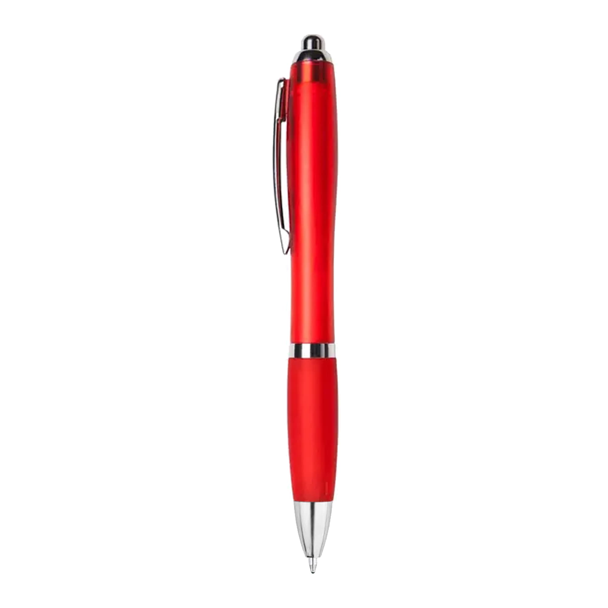 A red plastic pen with a chrome accent and a clip, designed for writing.