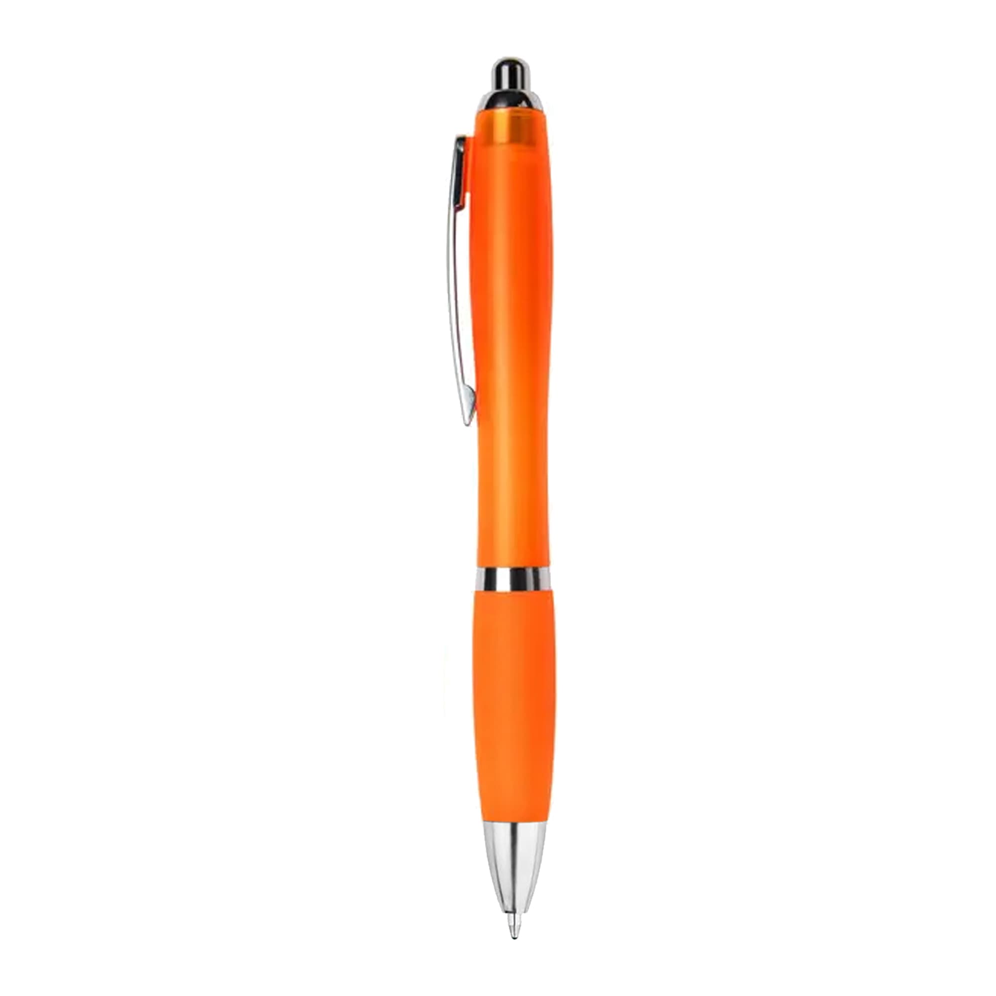 An orange plastic pen with a silver clip and tip, featuring a sleek matte finish. Includes branding on the body.